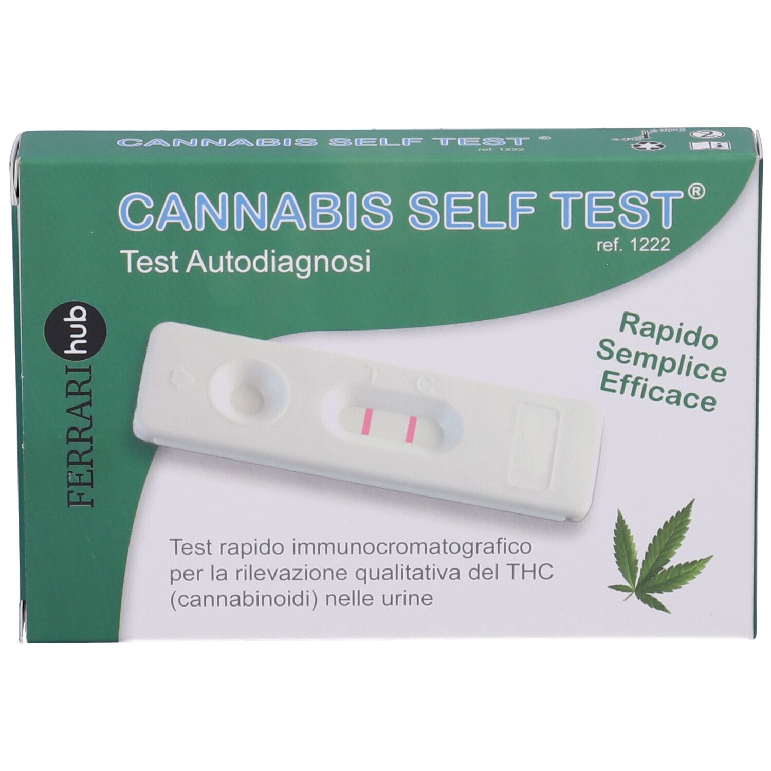 Confezione test autodiagnostico cannabis. Striscia reattiva con due linee rosa. Marchio: Ferrari hub. Testo: Cannabis Self Test.