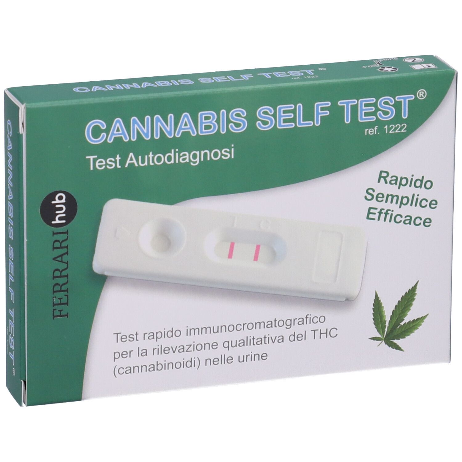 Confezione test autodiagnostico cannabis. Striscia reattiva con due linee rosa. Marchio: Ferrari hub. Testo: Cannabis Self Test.