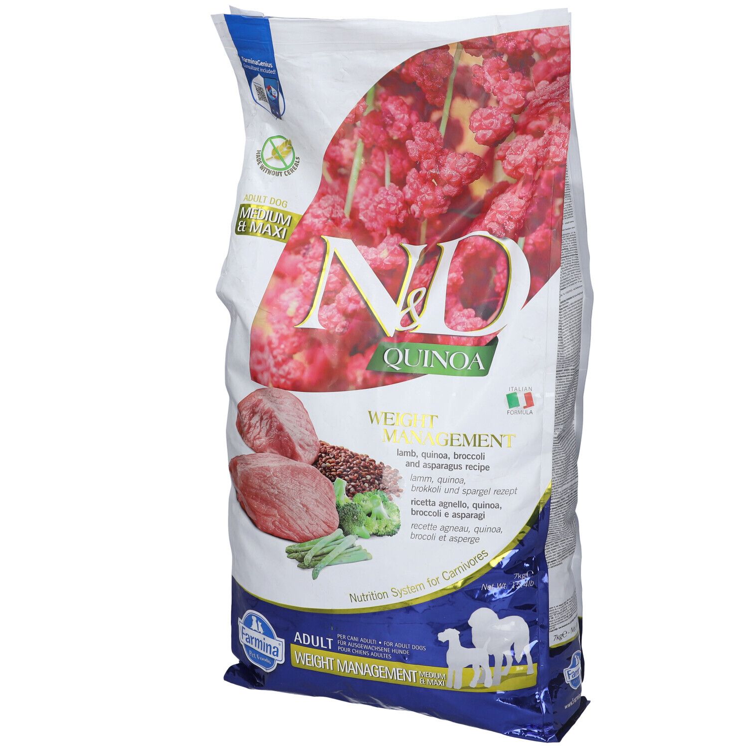 Sacchetto di cibo per cani N&D Quinoa. Scritte: gestione del peso, agnello, quinoa, broccoli e asparagi. Logo Farmina in basso.
