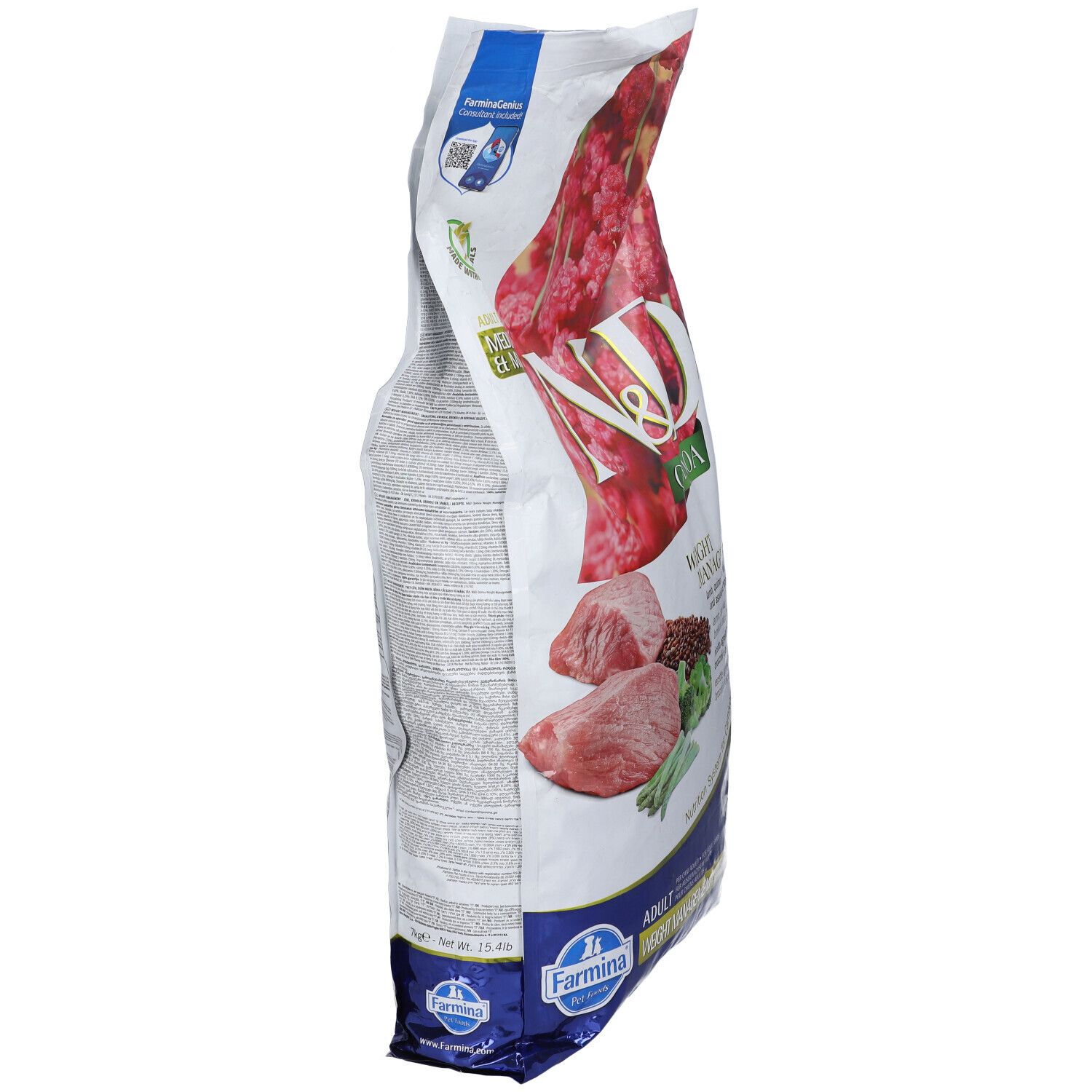 Sacchetto di cibo per cani, vista laterale. Logo N&D Quinoa, illustrazione di carne di agnello e ingredienti. Logo Farmina in basso.
