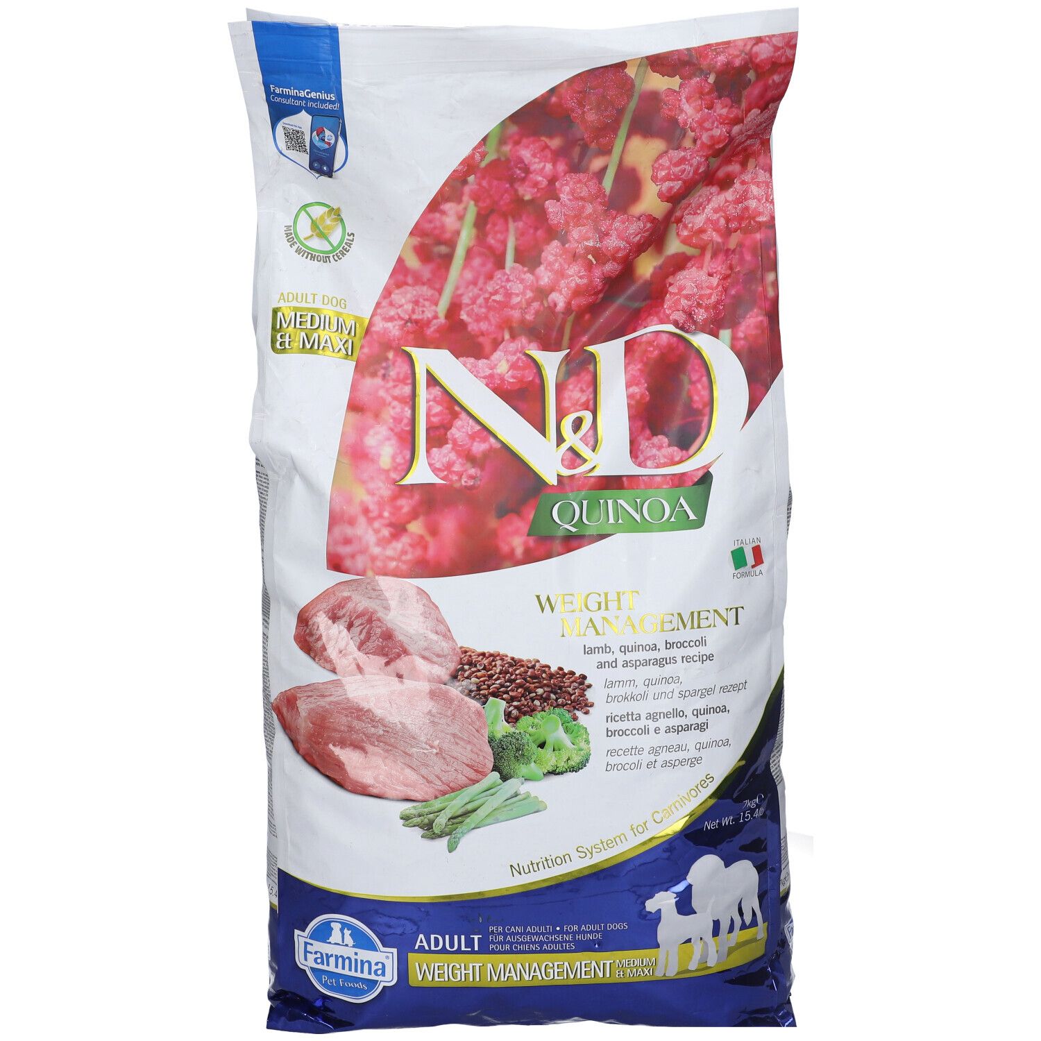 Sacchetto di cibo per cani N&D Quinoa. Scritte: gestione del peso, agnello, quinoa, broccoli e asparagi. Logo Farmina in basso.