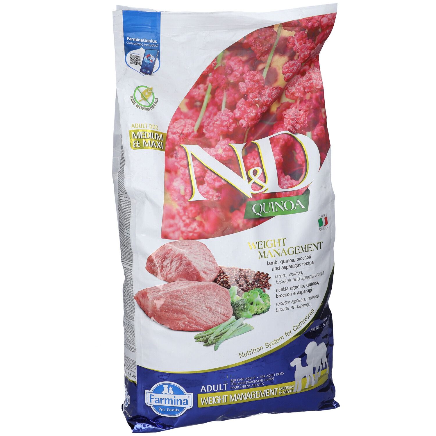 Sacchetto di cibo per cani N&D Quinoa. Scritte: gestione del peso, agnello, quinoa, broccoli e asparagi. Logo Farmina in basso.