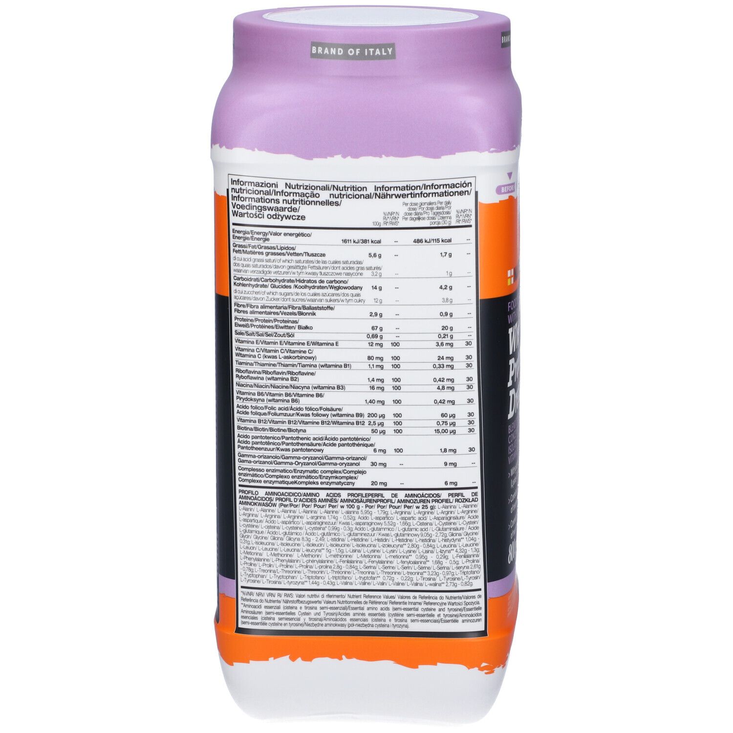 Retro del barattolo di Whey Protein Dream. Contiene informazioni nutrizionali e ingredienti. Con informazioni multilingue.