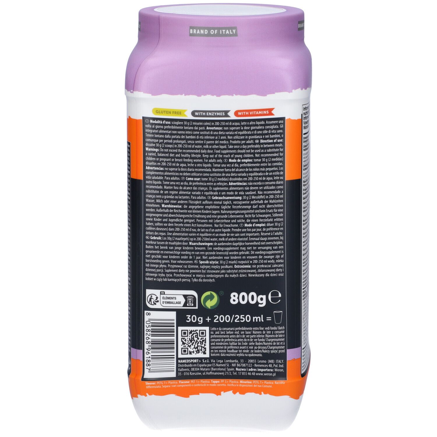 Retro del barattolo di Whey Protein Dream. Contiene informazioni sugli ingredienti e le istruzioni per l'uso. Contenuto 800g.