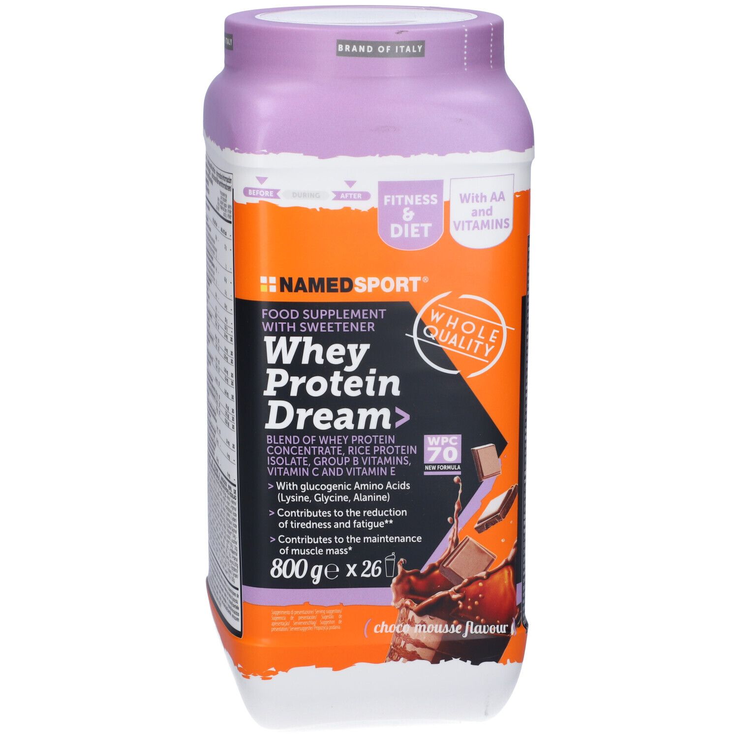 Barattolo di Whey Protein Dream, coperchio viola. Contiene 800g. Con aminoacidi e vitamine. Gusto mousse al cioccolato.