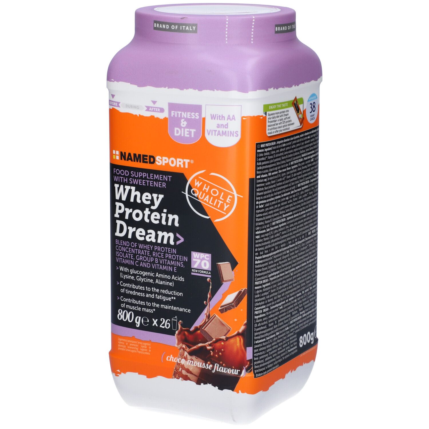 Barattolo di Whey Protein Dream, coperchio viola. Contiene 800g. Con aminoacidi e vitamine. Gusto mousse al cioccolato.
