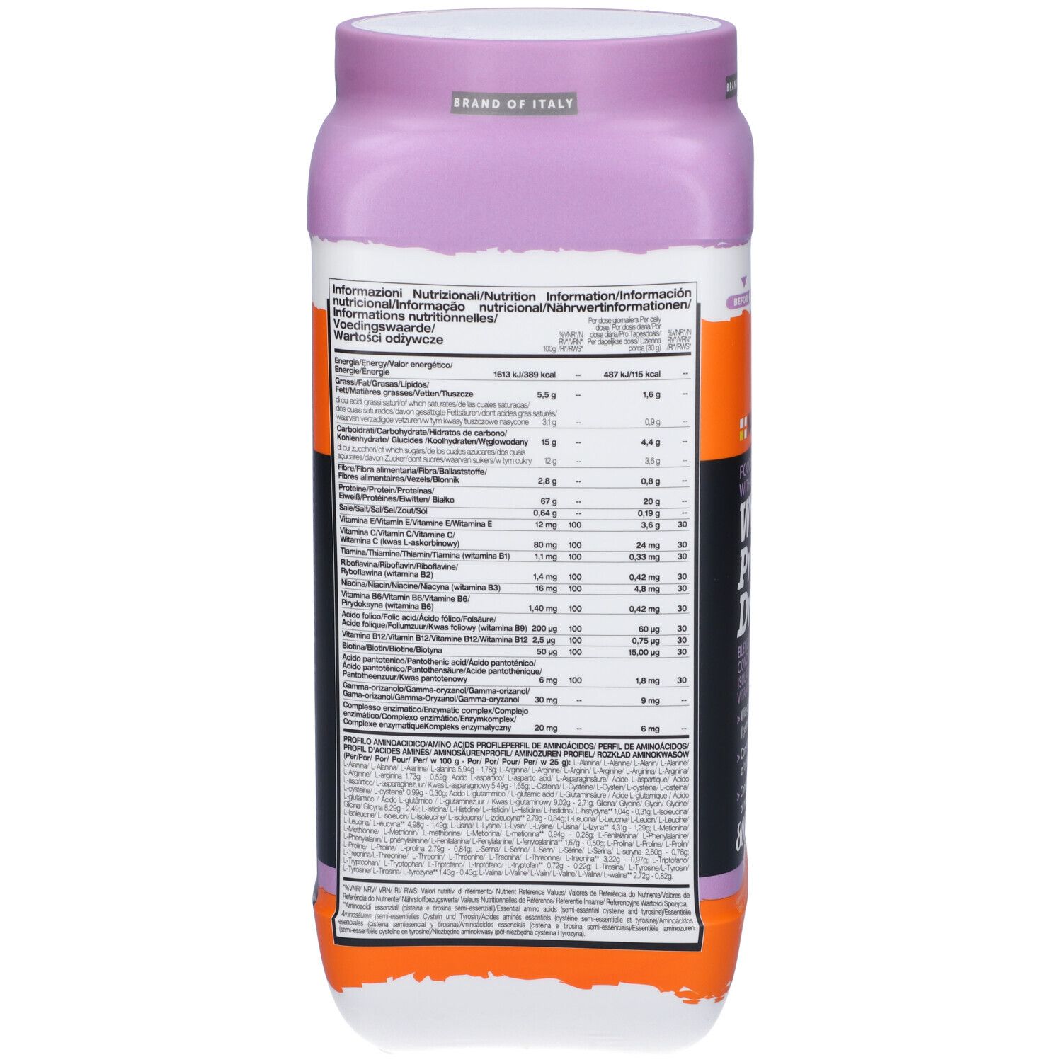 Retro del barattolo Namedsport Whey Protein Dream. Contiene informazioni nutrizionali in diverse lingue. Sfondo nero.
