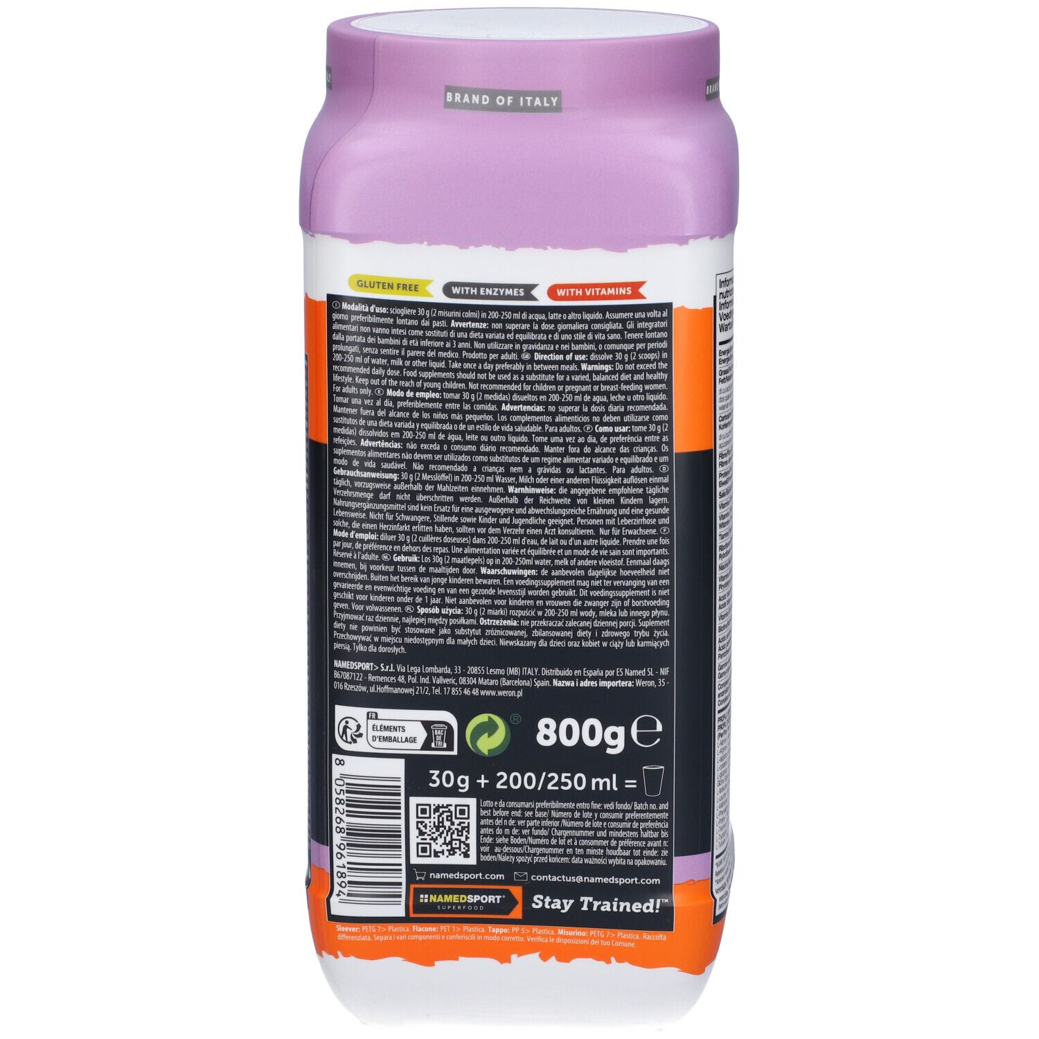 Retro del barattolo Namedsport Whey Protein Dream. Contiene informazioni sugli ingredienti, codice QR e contatti.