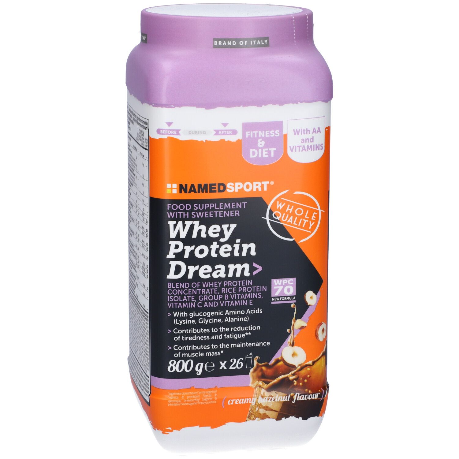 Barattolo Namedsport Whey Protein Dream, gusto nocciola cremosa. Confezione arancione e viola. Contiene proteine, vitamine e dolcificante.