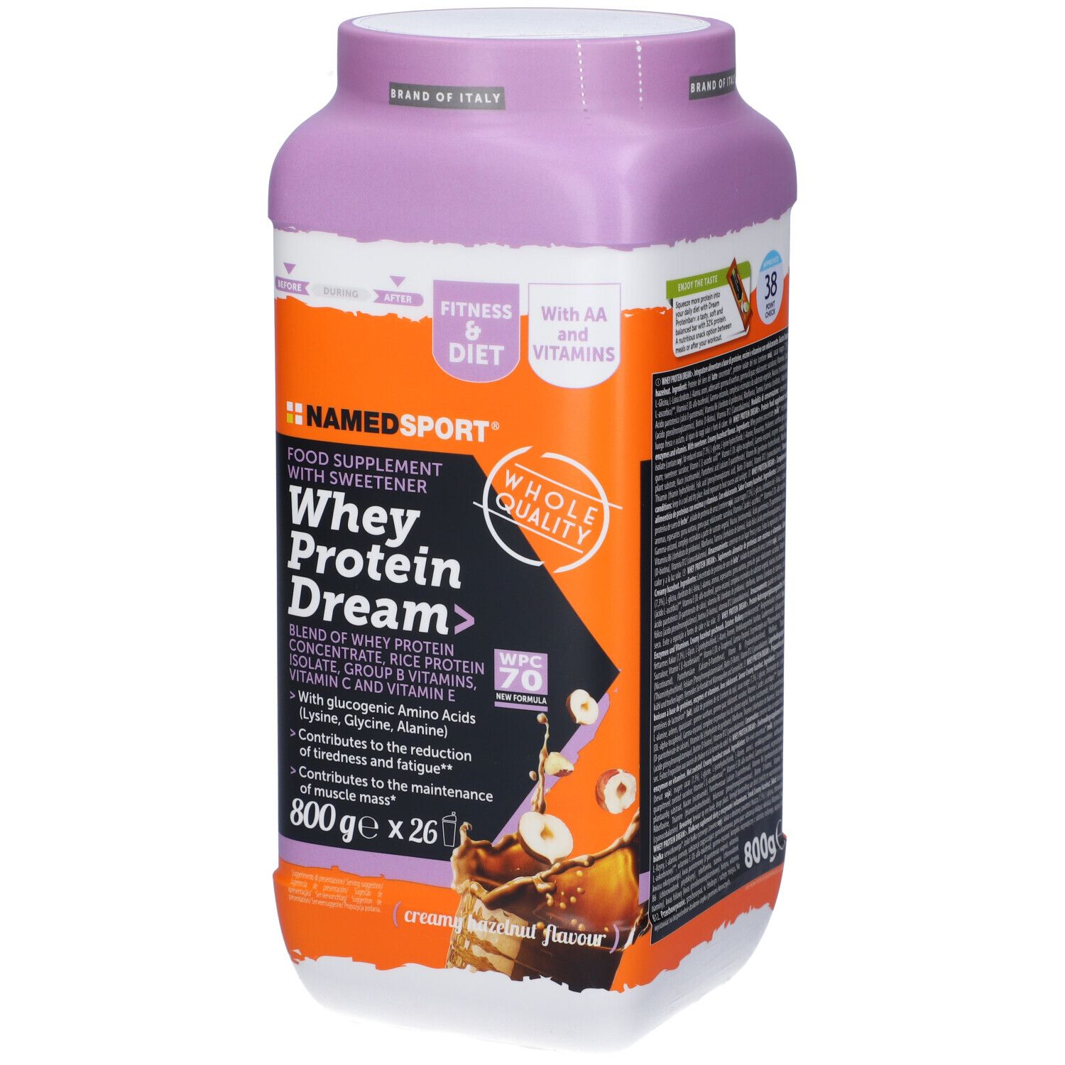 Barattolo Namedsport Whey Protein Dream, gusto nocciola cremosa. Confezione arancione e viola. Contiene proteine, vitamine e dolcificante.