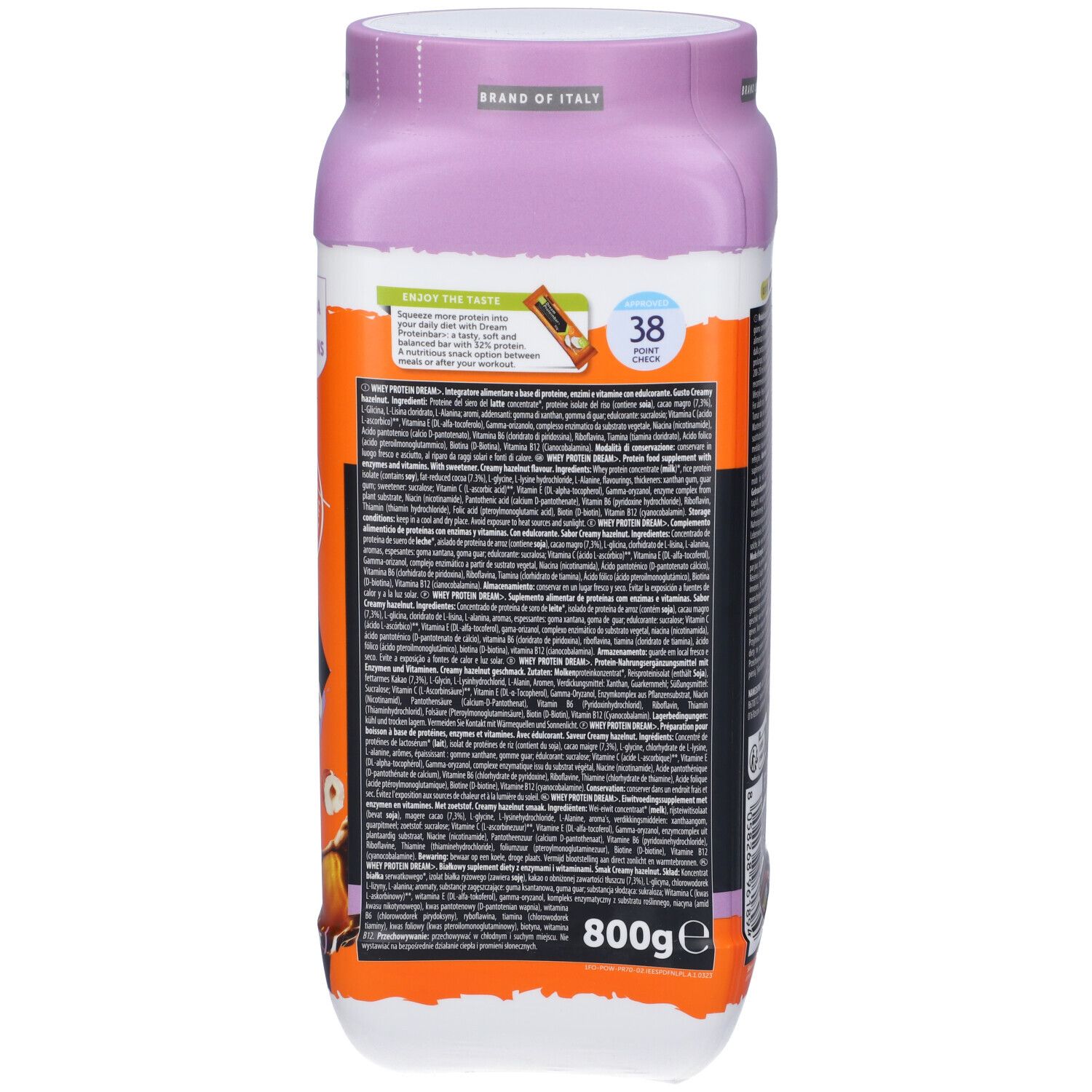 Retro del barattolo Namedsport Whey Protein Dream. Contiene informazioni sugli ingredienti, valori nutrizionali e contatti.