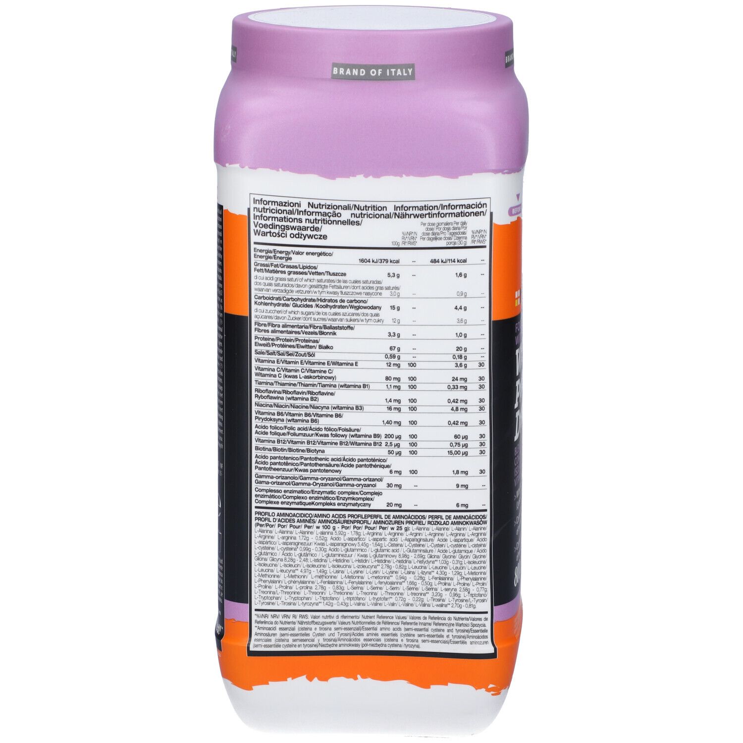 Retro del barattolo con informazioni nutrizionali. Contiene informazioni in diverse lingue. Sfondo arancione e nero.