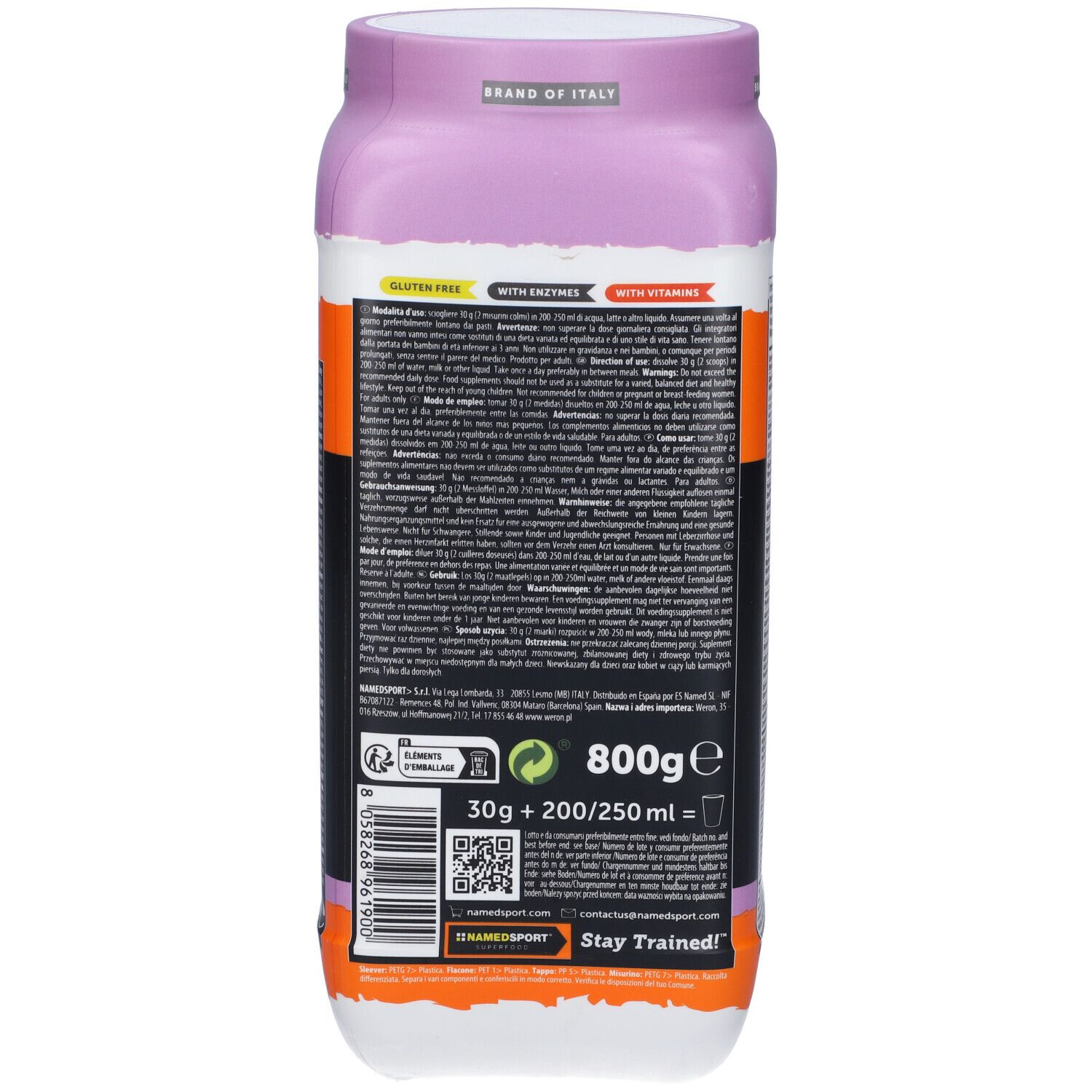 Retro del barattolo con testo. Contiene informazioni sugli ingredienti e le istruzioni per l'uso. Sfondo arancione e nero.