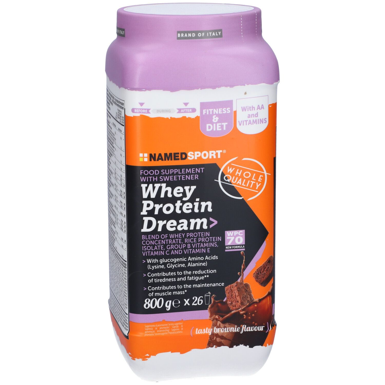 Barattolo viola-arancione NAMEDSPORT Whey Protein Dream. Contiene 800g. Con AA e vitamine. Tasty Brownie Flavour.