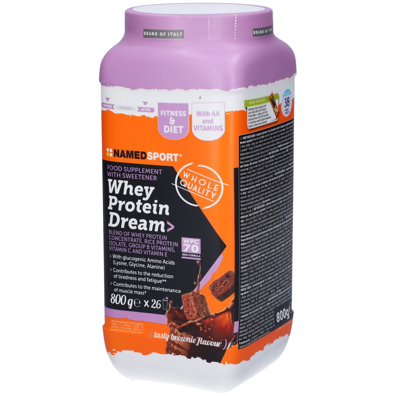Barattolo viola-arancione NAMEDSPORT Whey Protein Dream. Contiene 800g. Con AA e vitamine. Tasty Brownie Flavour.