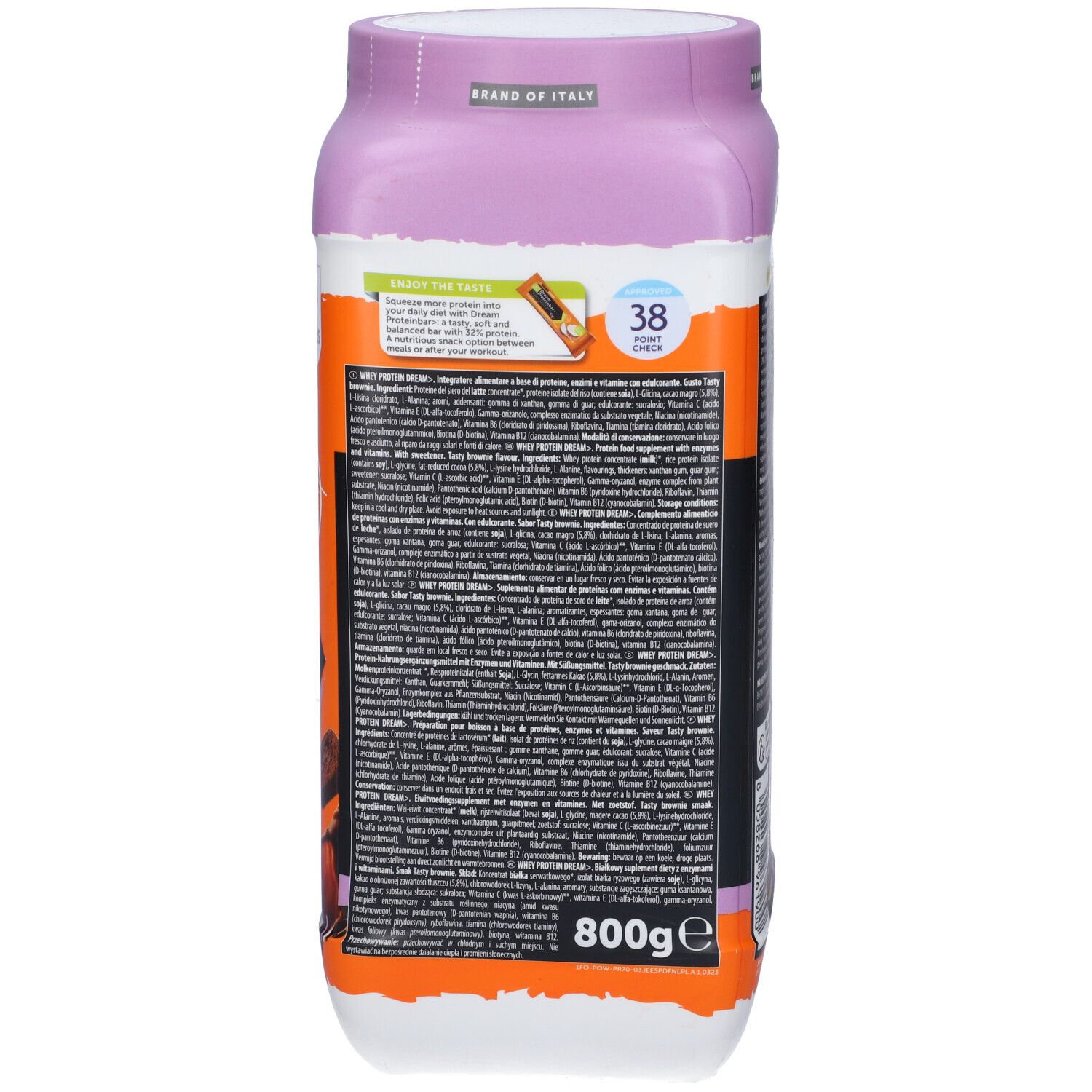 Retro del barattolo con testo. Contiene informazioni sugli ingredienti e le istruzioni per l'uso. Sfondo arancione e nero.