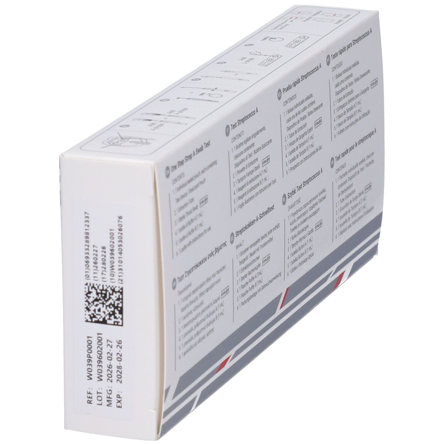 Test Wondfo Strep A: vista laterale della confezione con lotto, data di produzione e scadenza.