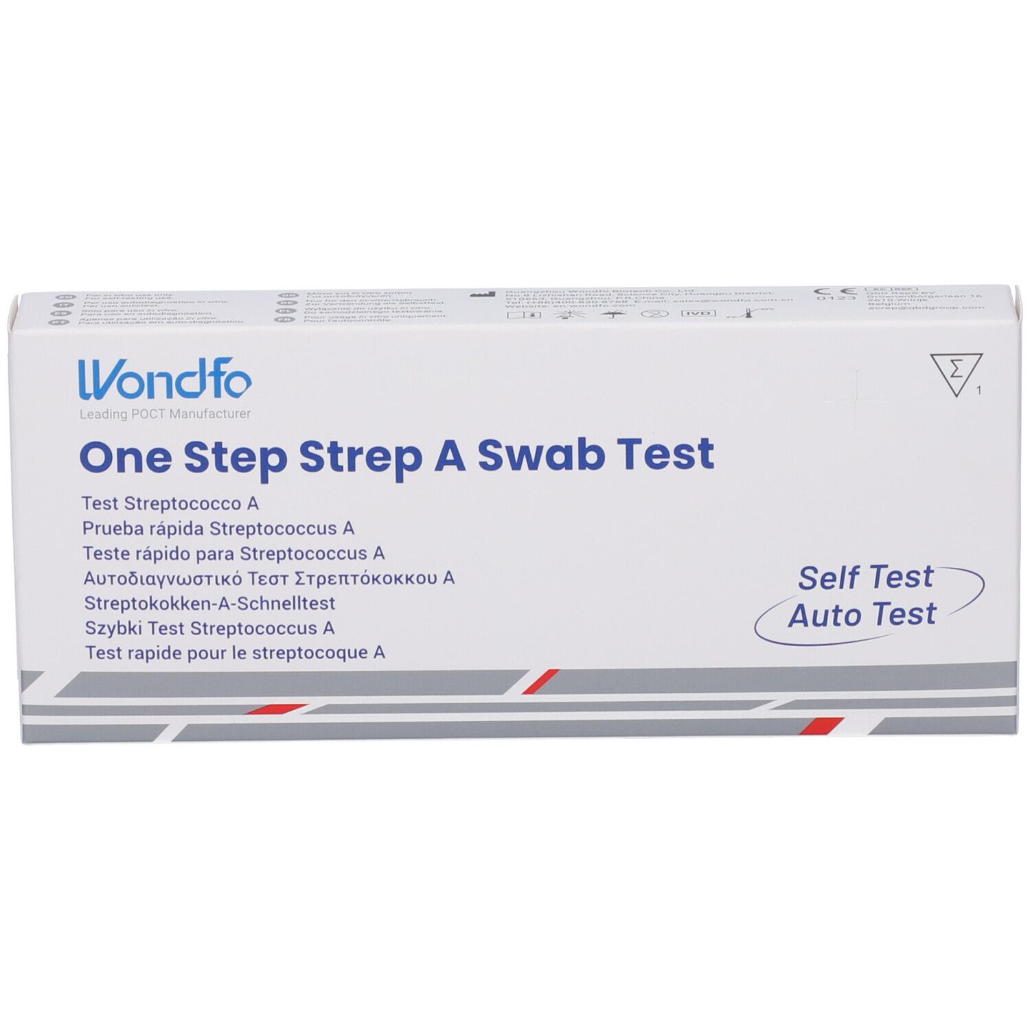 Confezione Wondfo One Step Strep A Swab Test con informazioni prodotto multilingue e marchio CE.