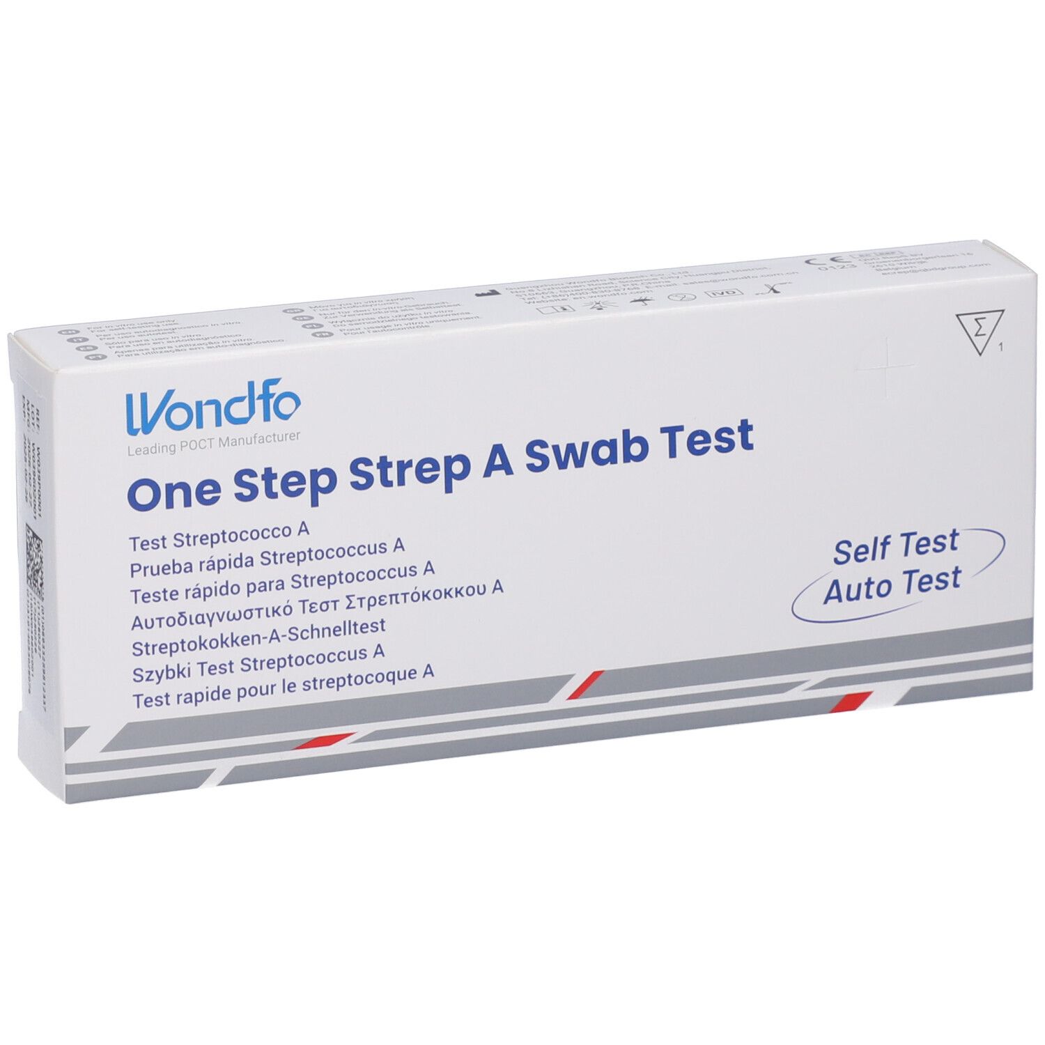 Confezione Wondfo One Step Strep A Swab Test con informazioni prodotto multilingue e marchio CE.