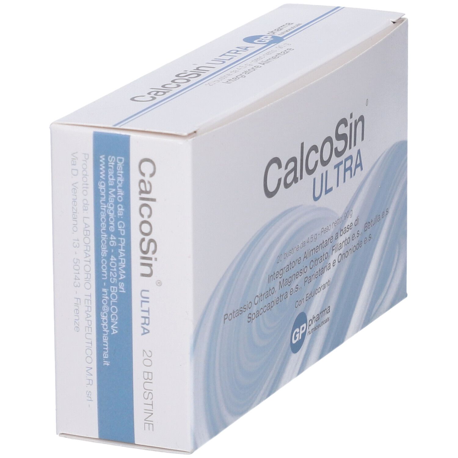 Scatola CalcoSin Ultra, angolata. Nome del prodotto e ingredienti su sfondo bianco. 20 bustine.
