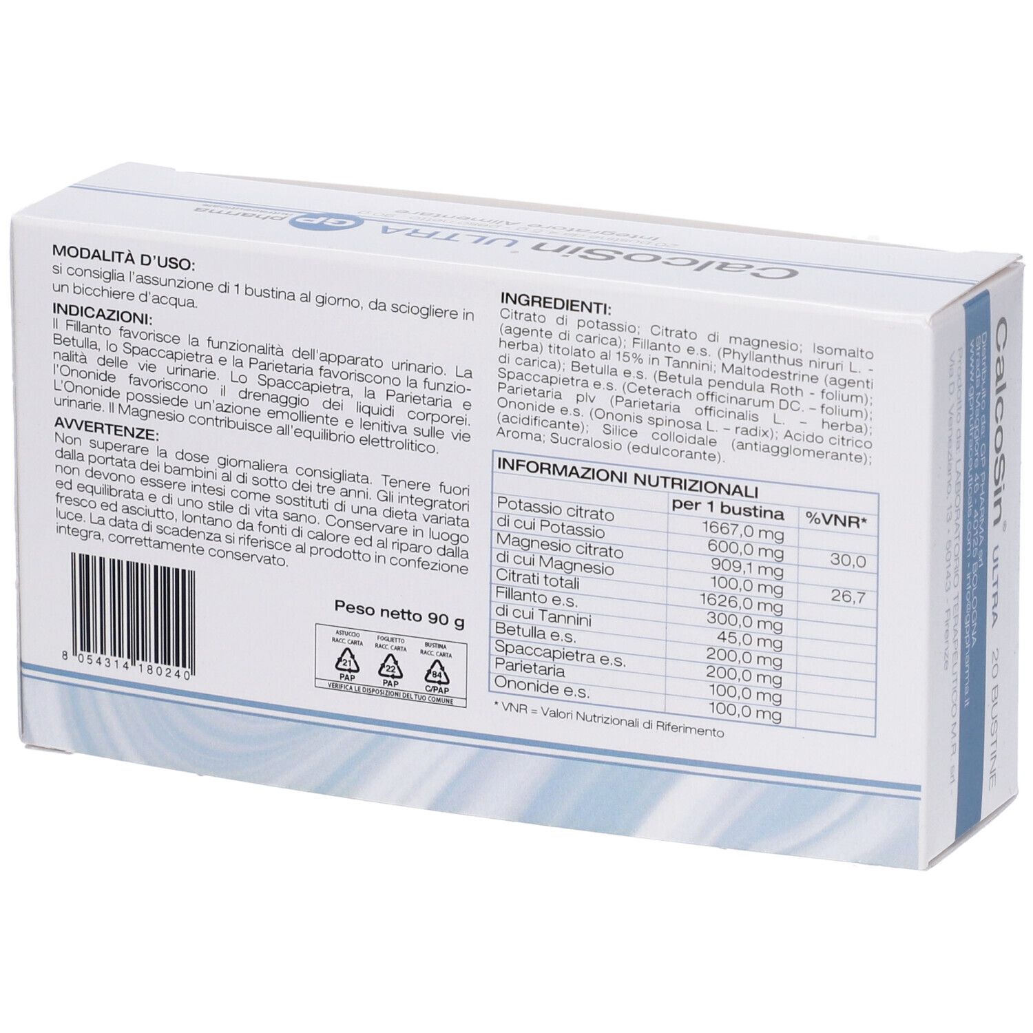 Retro della scatola CalcoSin Ultra. Ingredienti, informazioni nutrizionali e istruzioni per l'uso stampate.