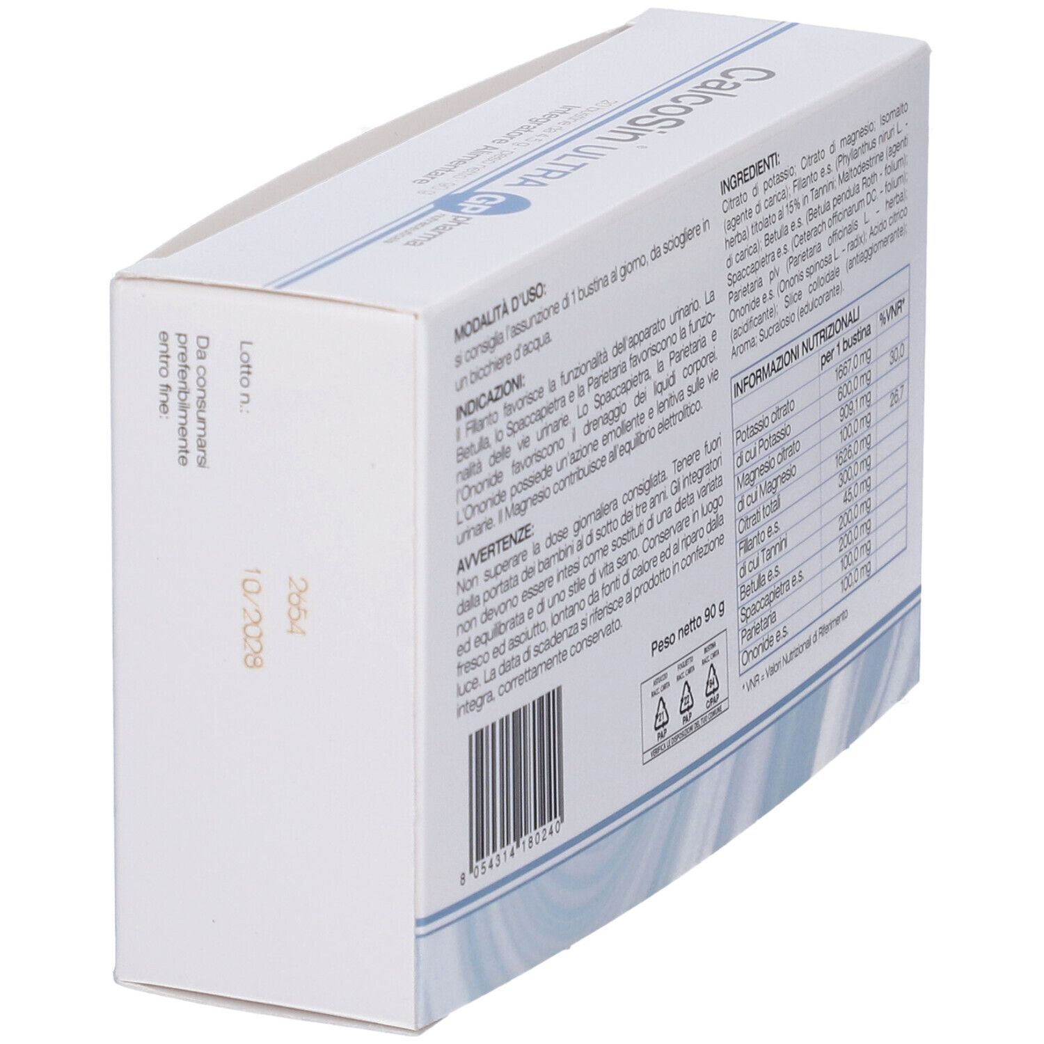 Retro della scatola CalcoSin Ultra. Ingredienti, informazioni nutrizionali e istruzioni per l'uso stampate.