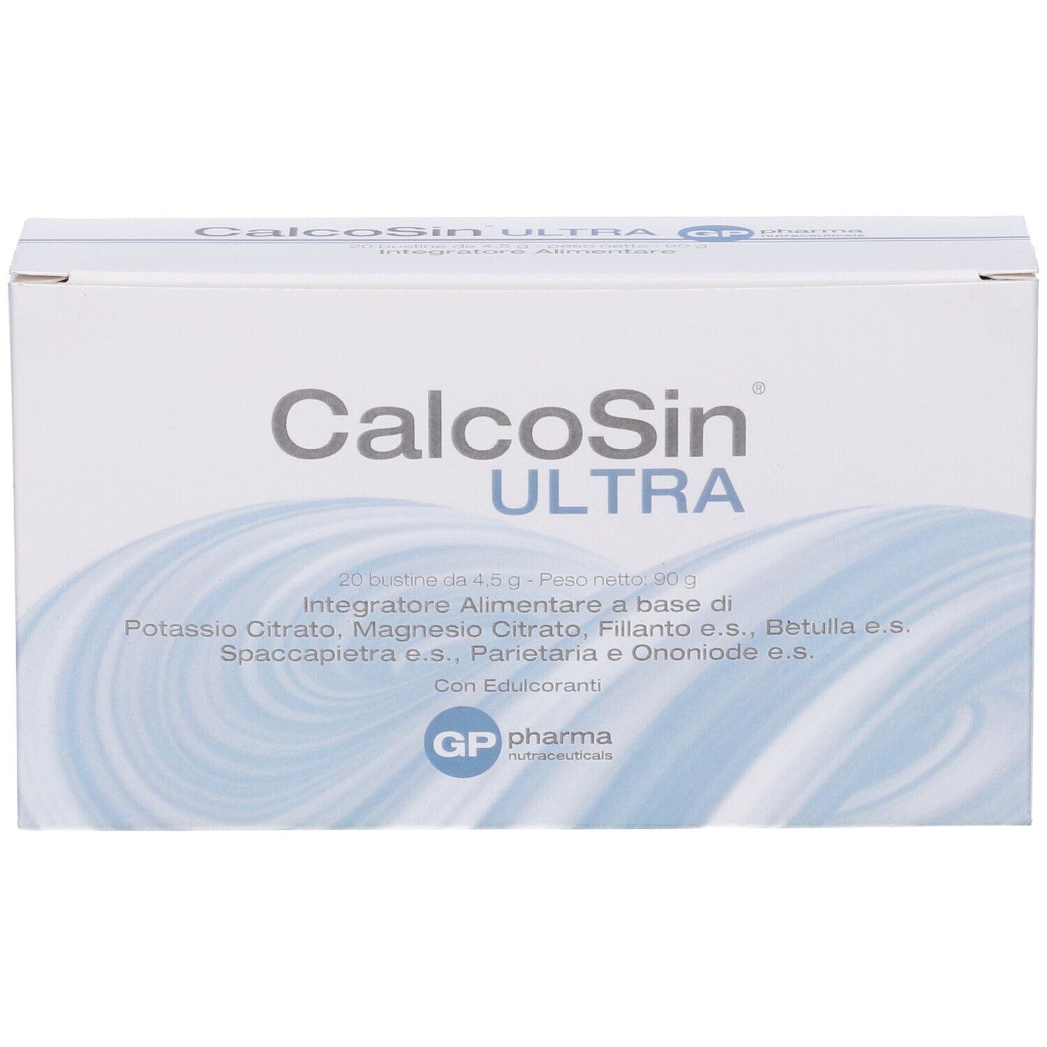 Scatola CalcoSin Ultra. Confezione bianca con nome del prodotto e ingredienti. 20 bustine.
