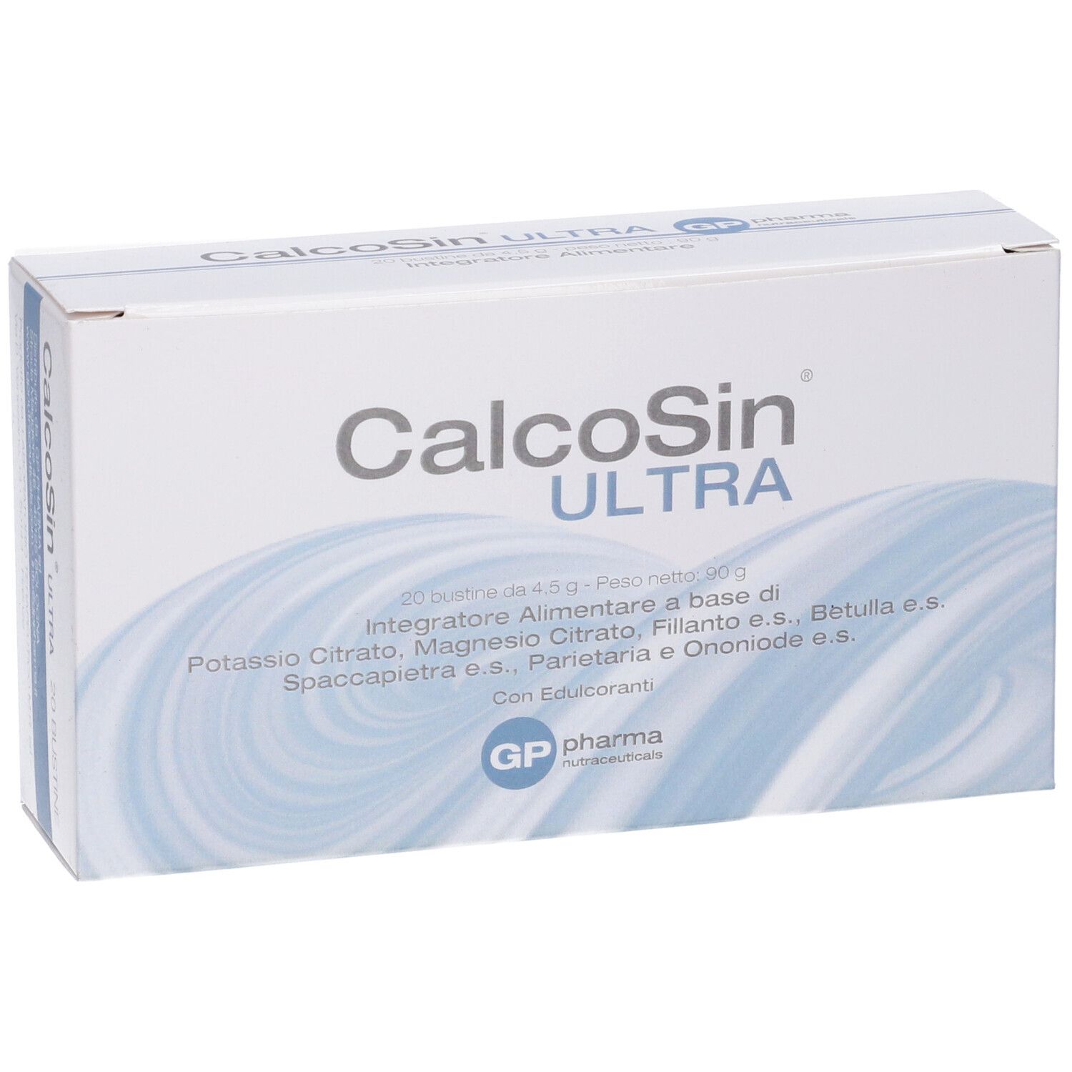 Scatola CalcoSin Ultra. Confezione bianca con nome del prodotto e ingredienti. Logo GP Pharma.
