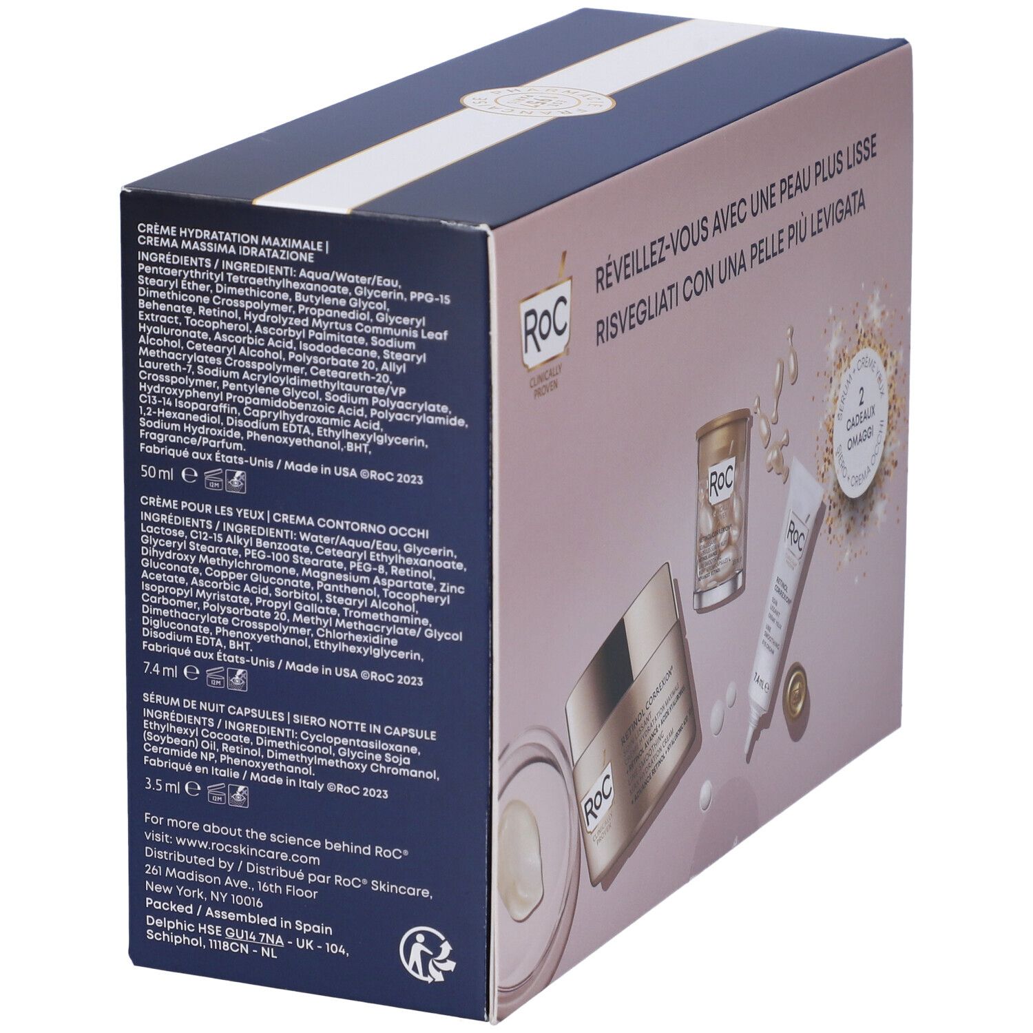 Retro della confezione regalo con informazioni sul prodotto e ingredienti. Contiene testo in più lingue e il logo.