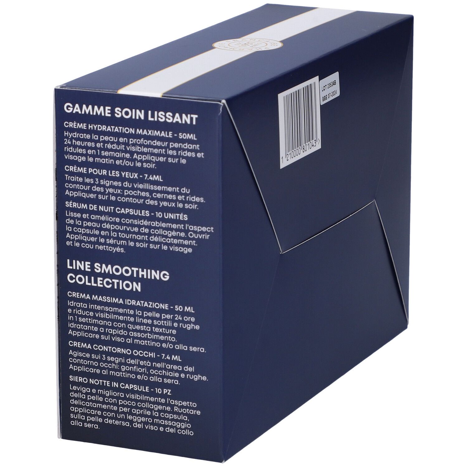 Lato della confezione regalo con informazioni sul prodotto e descrizioni d'uso. Contiene testo in più lingue.