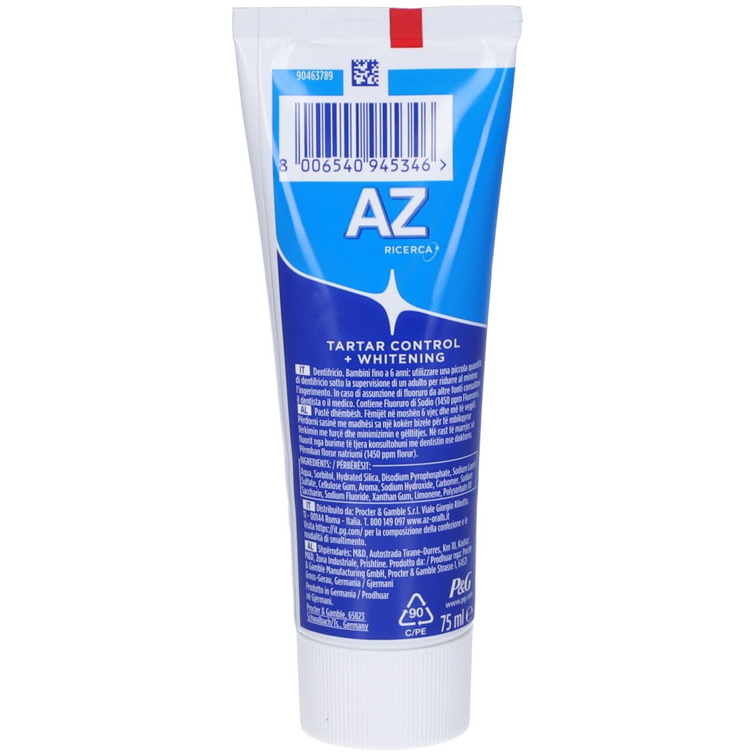 Retro del tubetto di dentifricio. Testo e codice a barre. Marchio: AZ Ricerca, Tartar Control + Whitening. 75 ml.