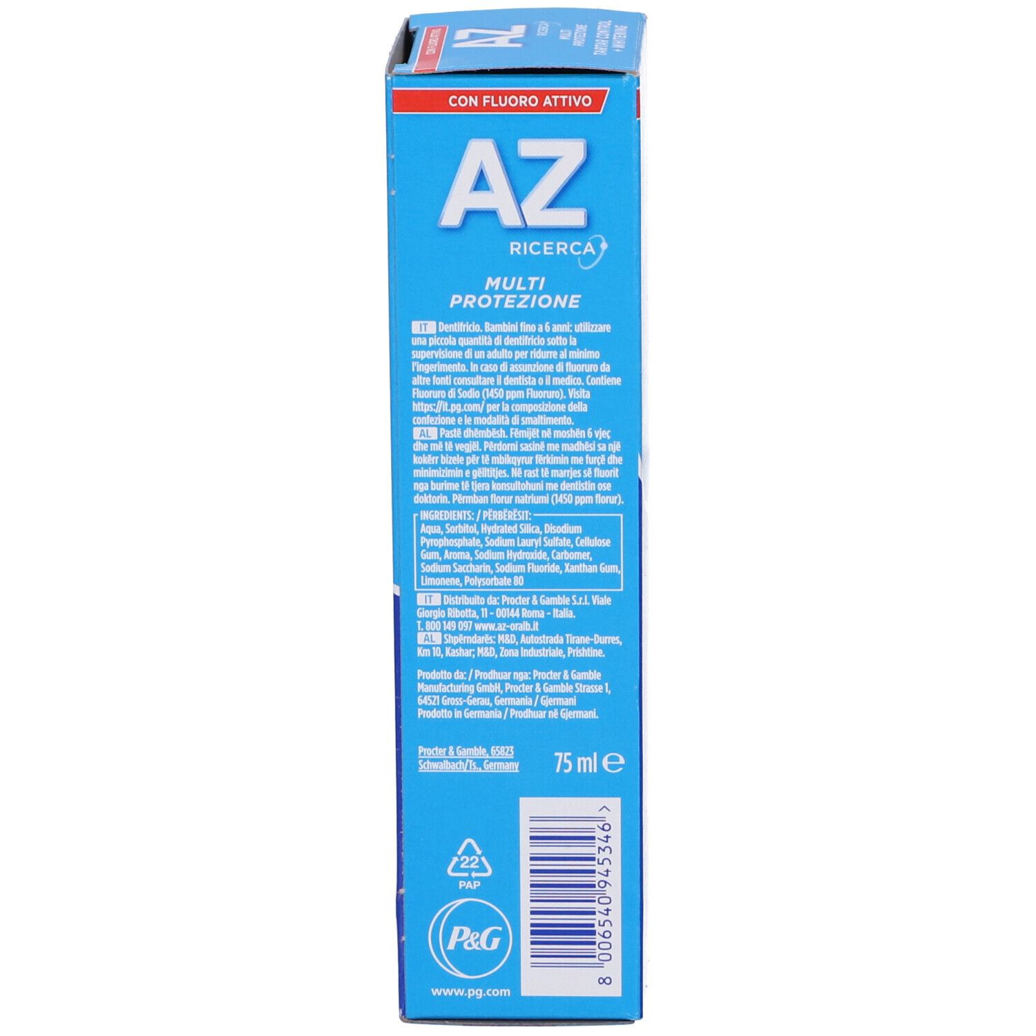 Retro della scatola del dentifricio. Testo, ingredienti, codice a barre. Marchio: AZ Ricerca Multi Protezione, 75 ml.
