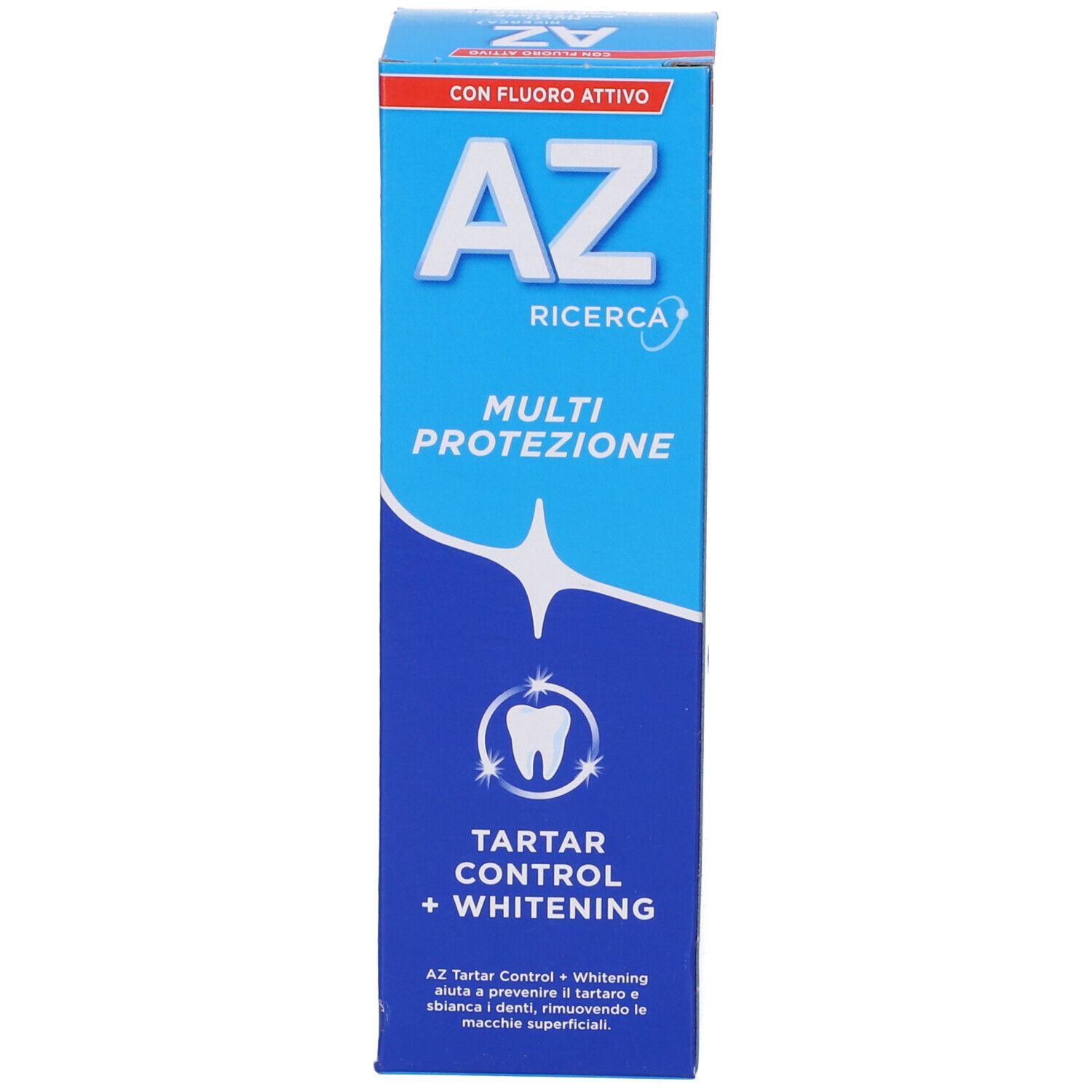 Fronte della scatola del dentifricio. Scritte: AZ Ricerca Multi Protezione, Tartar Control + Whitening. Con fluoro.
