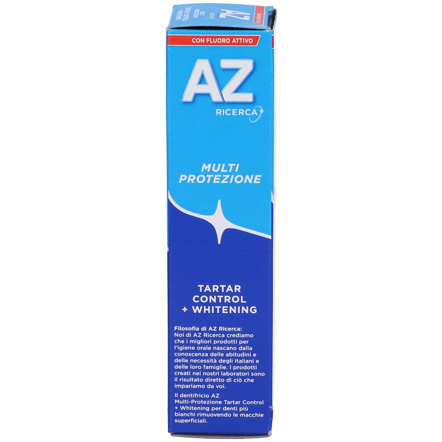 Lato della scatola del dentifricio. Testo, descrizione. Marchio: AZ Ricerca Multi Protezione, Tartar Control + Whitening.