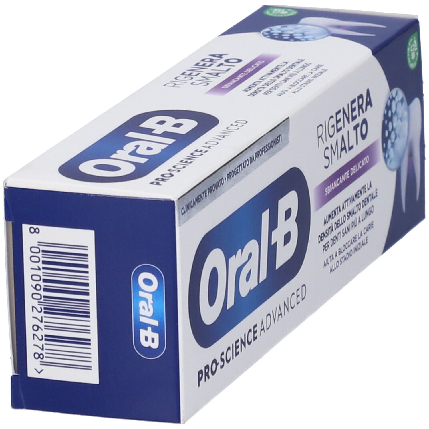 Confezione di dentifricio in prospettiva. Marchio Oral-B, nome e caratteristiche del prodotto visibili.