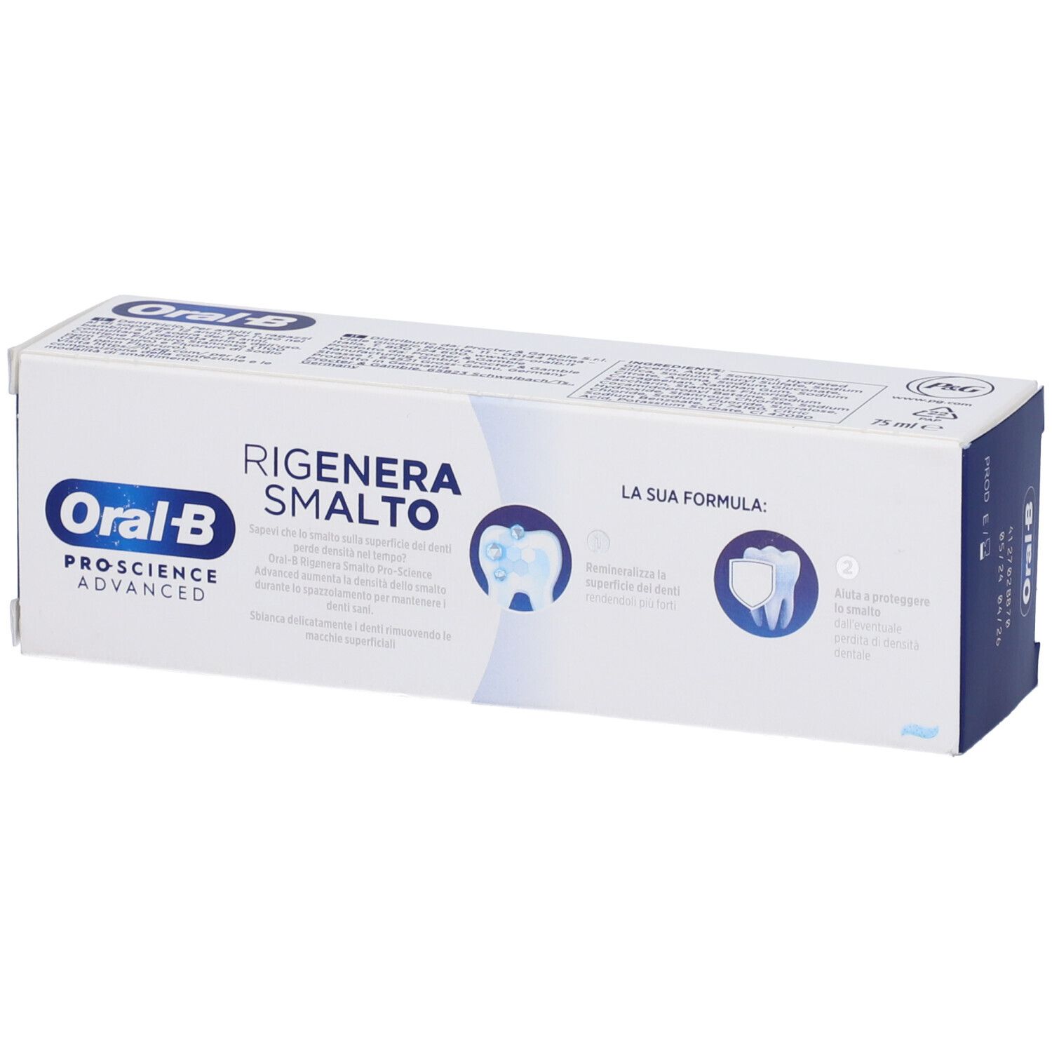 Confezione di dentifricio. Marchio Oral-B, nome e caratteristiche del prodotto visibili.