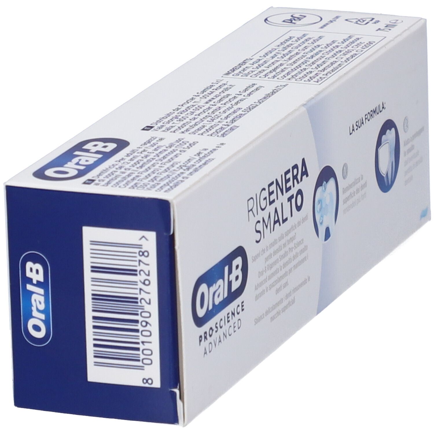 Confezione di dentifricio in prospettiva. Marchio Oral-B, nome e caratteristiche del prodotto visibili.
