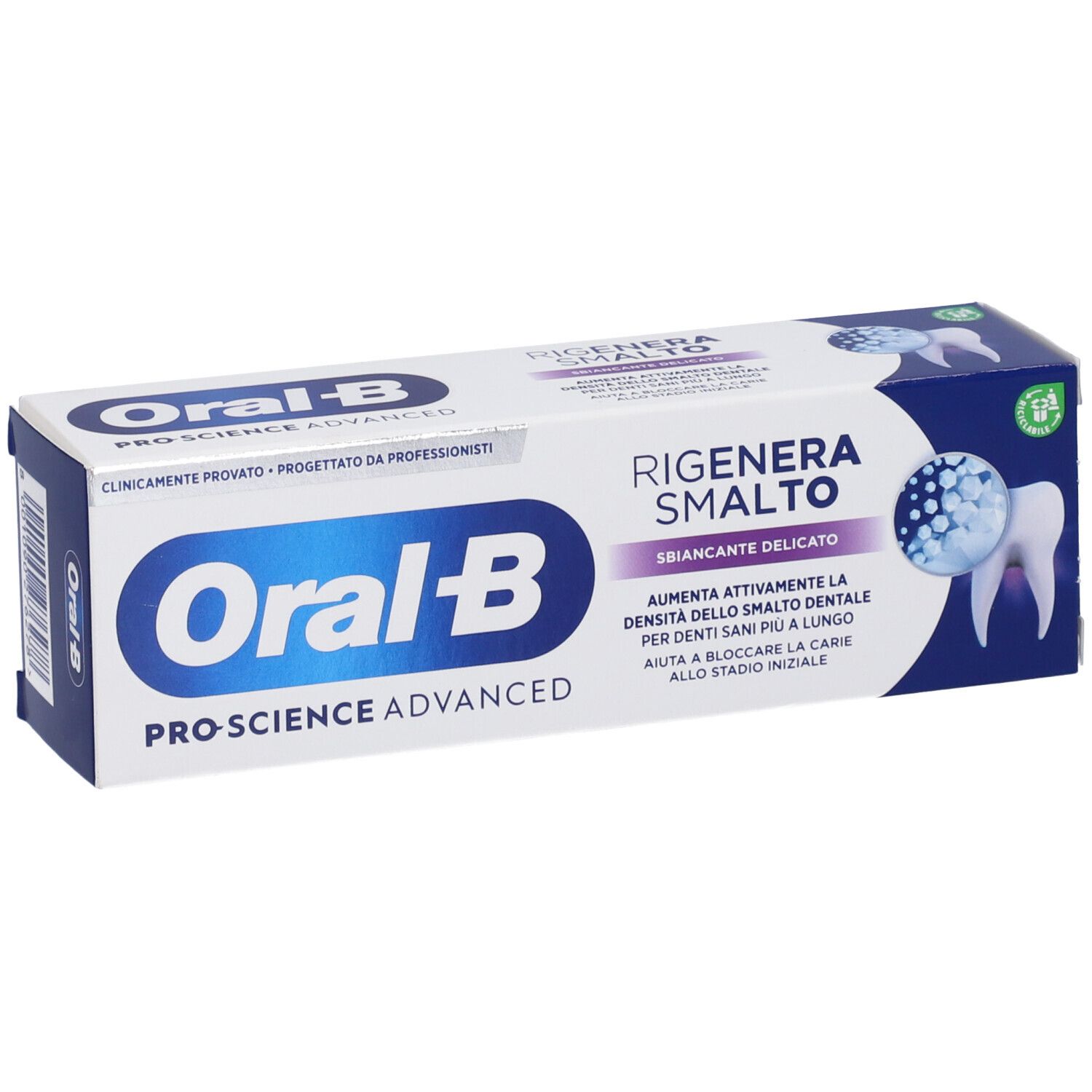 Tubo di dentifricio nella confezione. Marchio Oral-B, nome e caratteristiche del prodotto visibili.