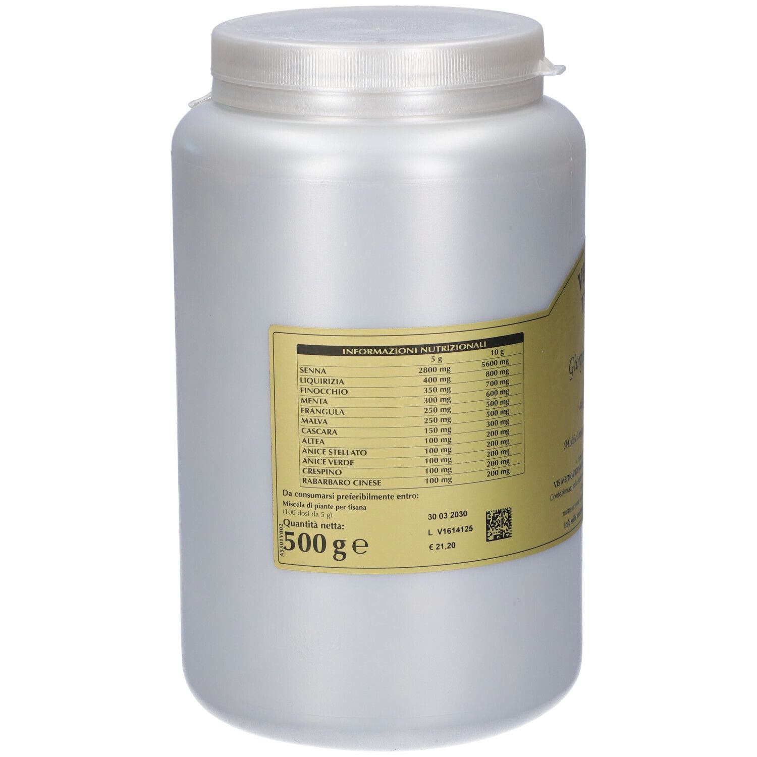 Contenitore cilindrico bianco con tappo a vite. Etichetta con informazioni nutrizionali. Etichetta dorata. 500g.