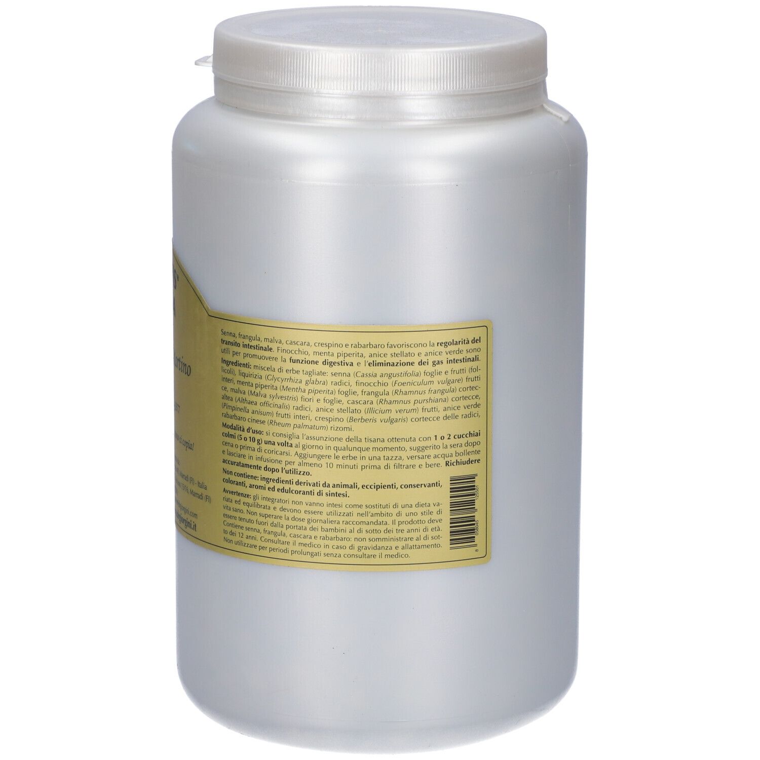 Contenitore cilindrico bianco con tappo a vite. Etichetta con informazioni sul prodotto. Etichetta dorata.