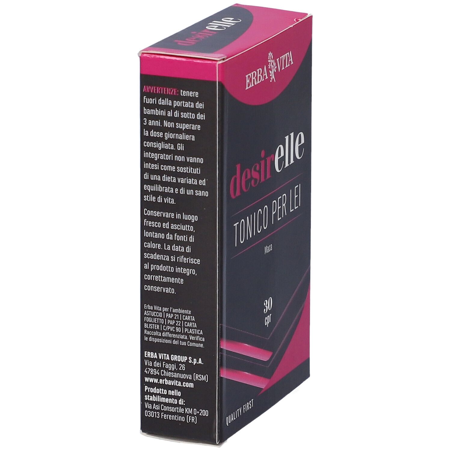 Scatola "desirelle TONICO PER LEI" in prospettiva. Testo: avvertenze, ingredienti, informazioni produttore. Rosa e nero.