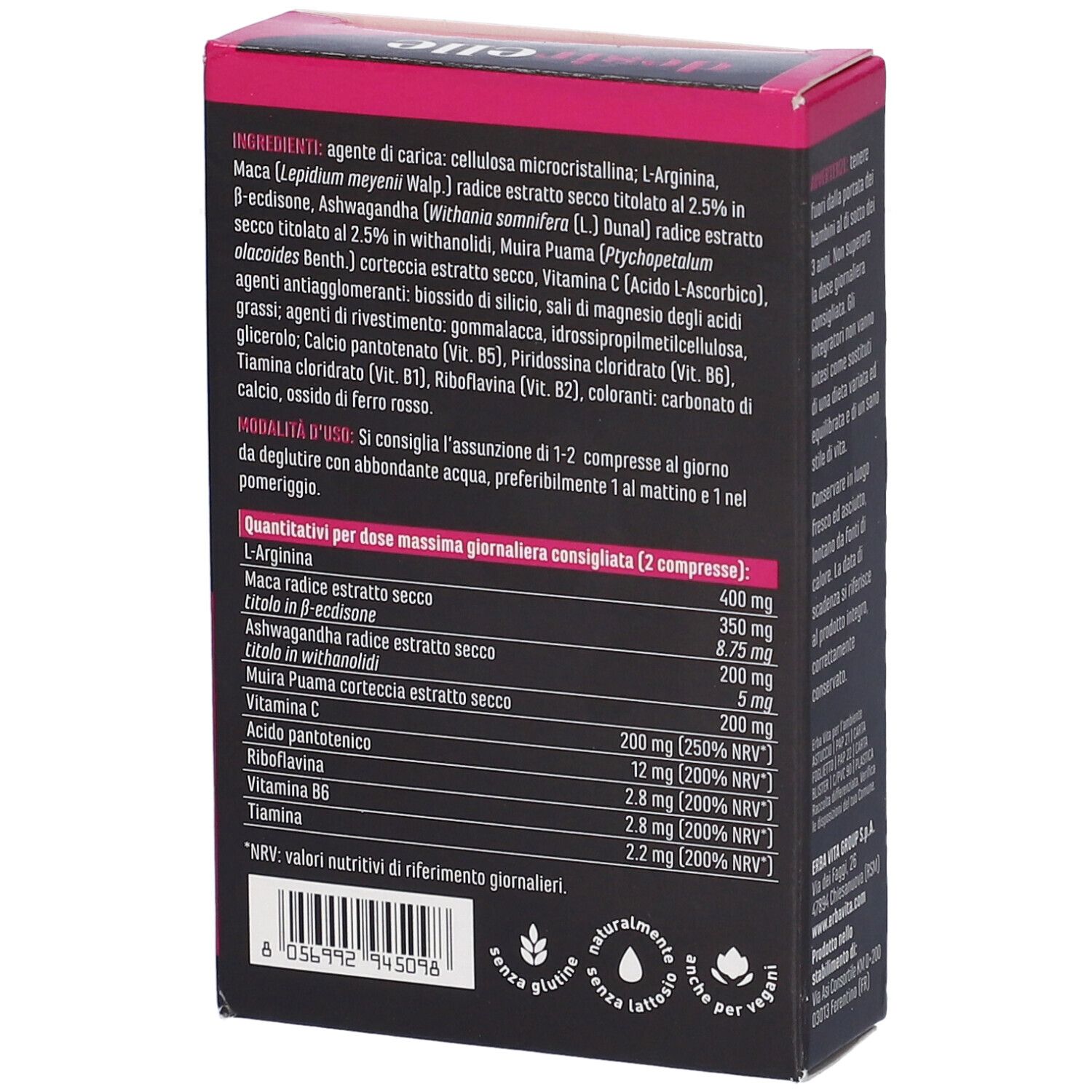 Retro della scatola "desirelle TONICO PER LEI". Ingredienti e valori nutrizionali. Design rosa e nero.