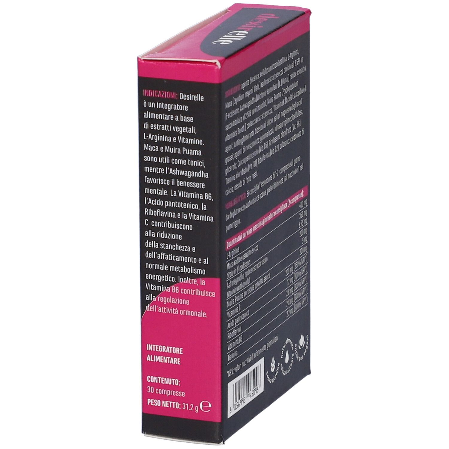 Scatola "desirelle TONICO PER LEI" in prospettiva. Testo: uso, ingredienti, valori nutrizionali. Rosa e nero.