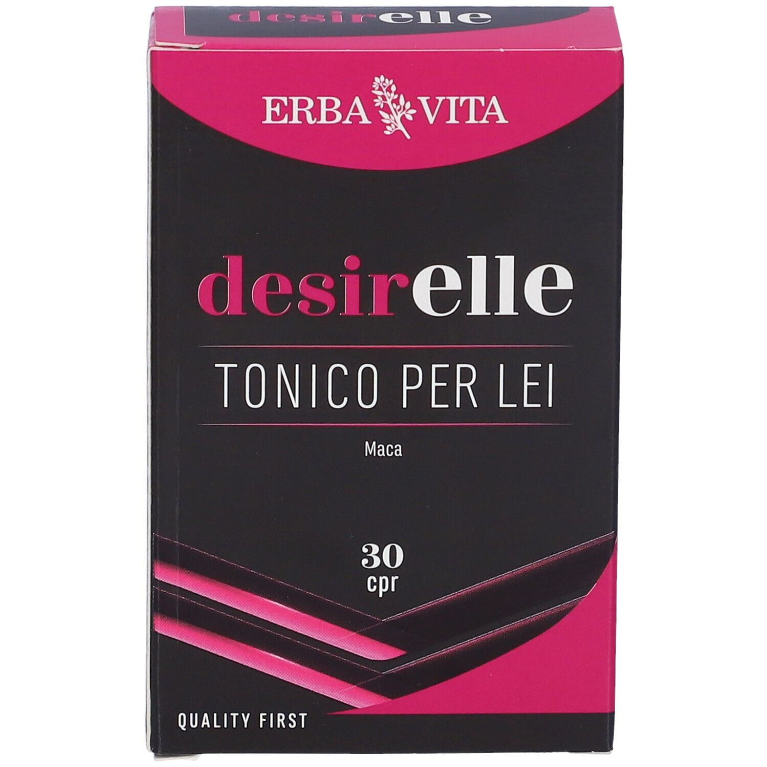 Scatola "desirelle TONICO PER LEI". Contiene 30 compresse. Marchio Erba Vita. Design rosa e nero.
