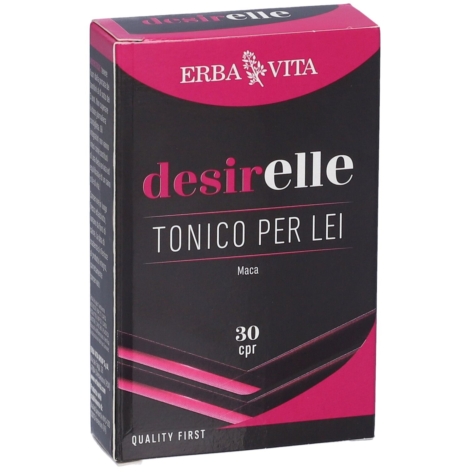 Scatola "desirelle TONICO PER LEI". Contiene 30 compresse. Marchio Erba Vita. Design rosa e nero.