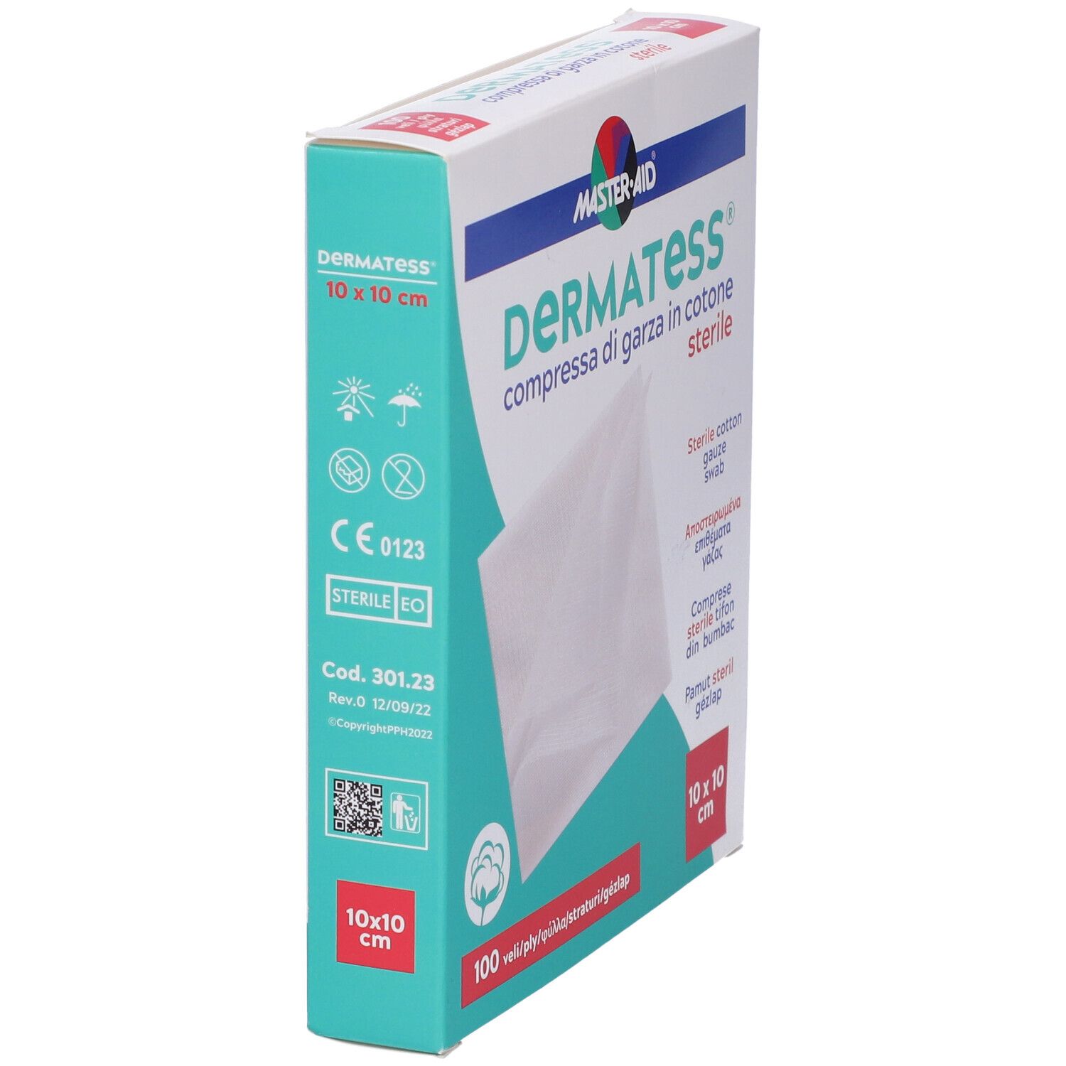 Confezione Dermatess, garze sterili 10x10 cm. Marca Master-Aid. Con marchio CE 0123.