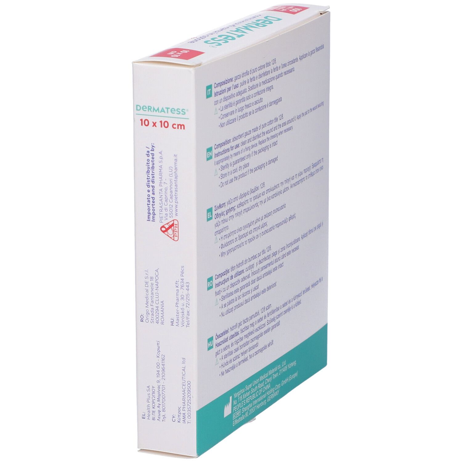 Lato della confezione Dermatess. Contiene informazioni e indirizzo del produttore.