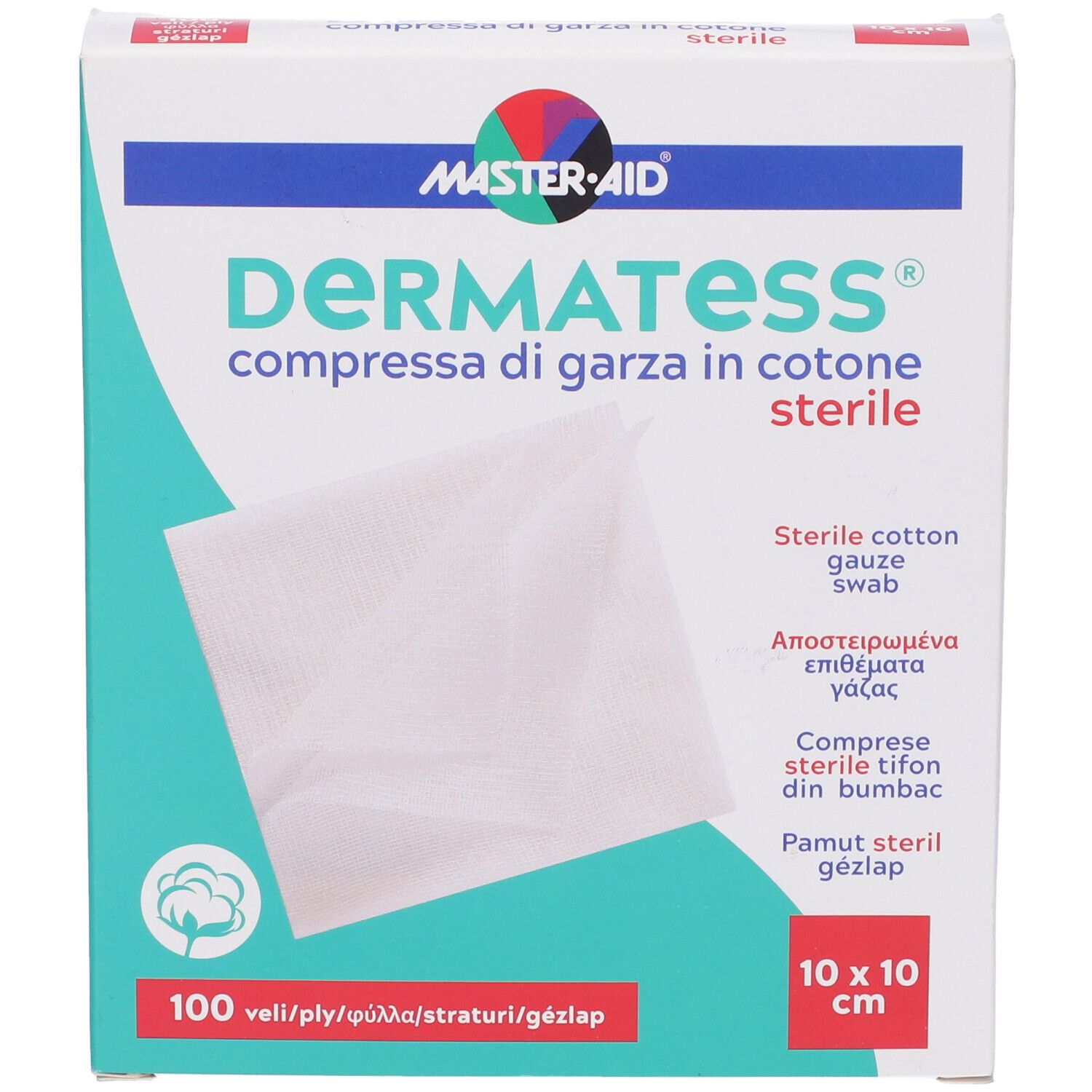 Confezione di garze in cotone sterili Dermatess, 10x10 cm. Marca Master-Aid. Contiene 100 pezzi.
