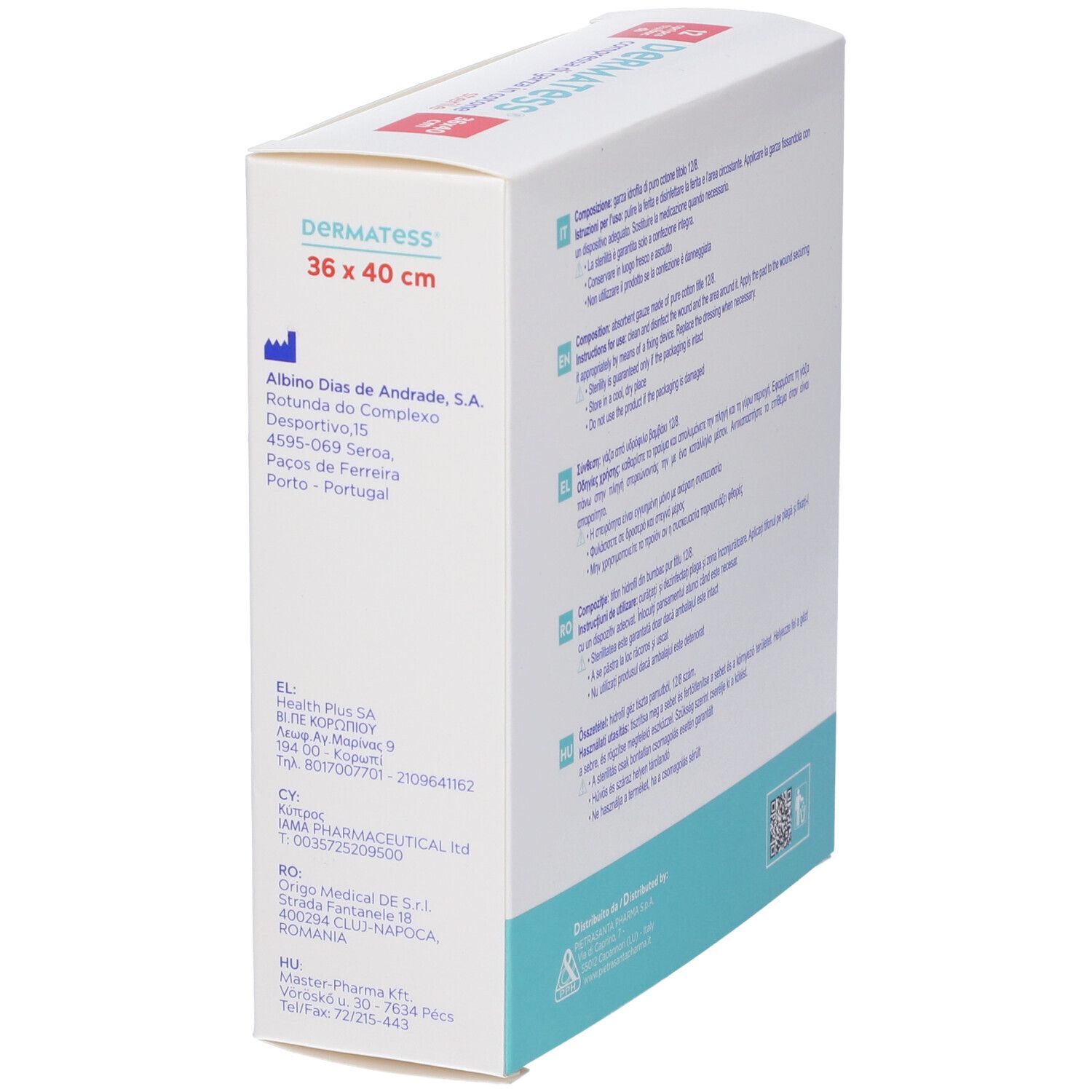 Lato della confezione DERMATESS. Testo multilingue. Informazioni sul produttore e loghi.