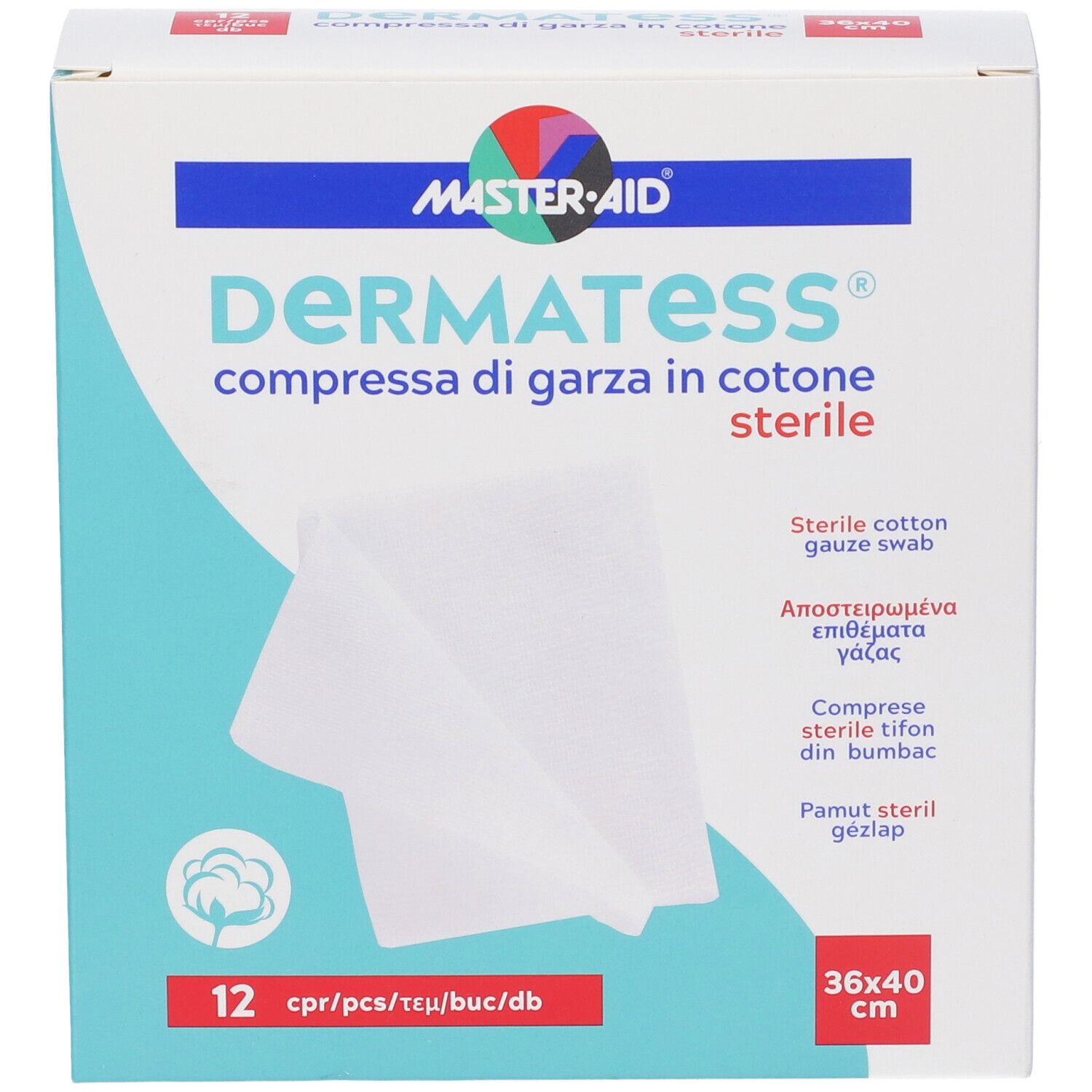 Confezione di garze in cotone sterili DERMATESS. Marchio MASTER-AID. Dimensioni 36x40 cm. Contiene 12 pezzi.
